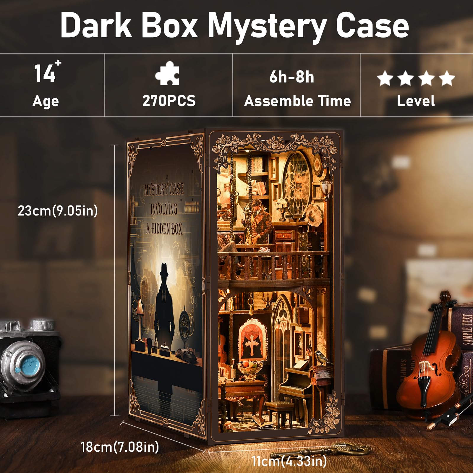 Book Nook Kit - Dark Box Mystery Case Model in The Detective Series, DIY 3D Miniature Wooden Puzzle with LED Lights, Bookshelf Decor Craft Kit for Adults and Teens Home Decor & Gi