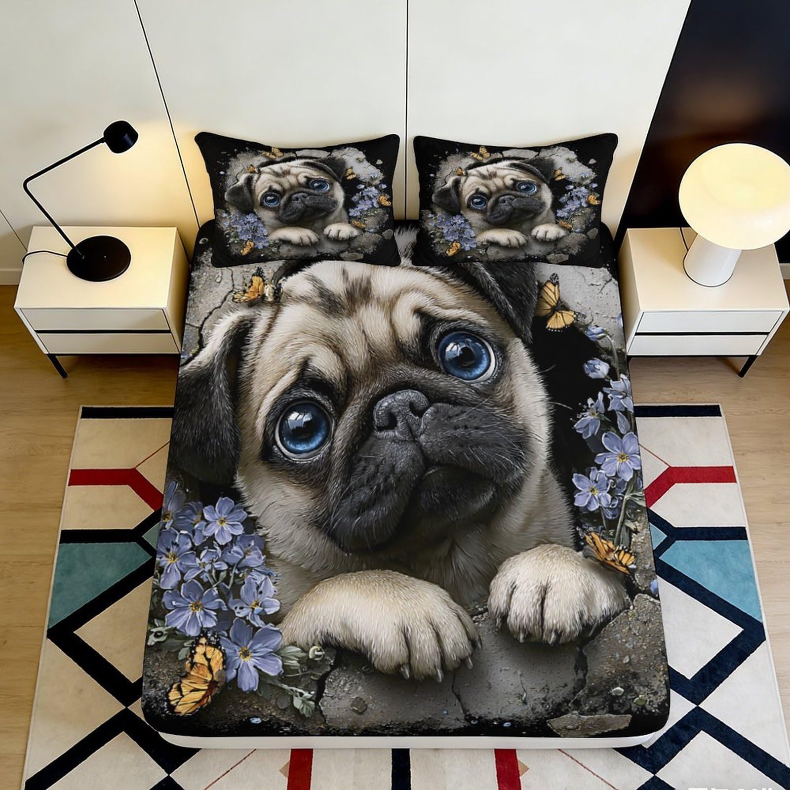 Pnayamiorkfel Style-10 3D Printed Cute Pug Fitted Sheet Microfiber Soft Decorative Butterfly Flowers Mattress Cover For Bedroom Guest Room 90X200x25cm
