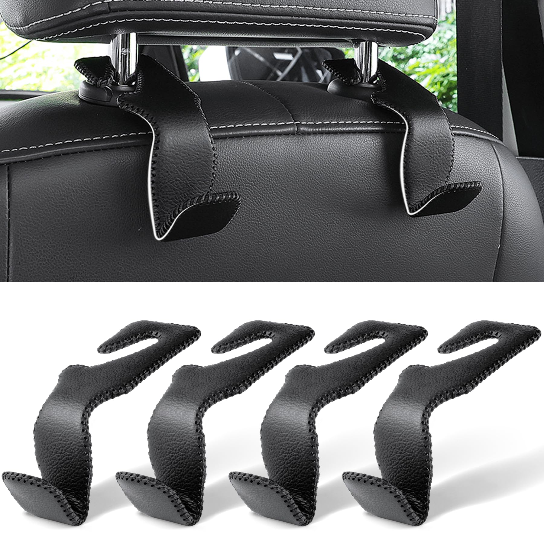 LivTee Headrest Hook for Car, Back Seat Organizer Black Leather Hanger Holder Hook, Interior Car Accessories for Hanging Purses Bags Coats, 4 Pack