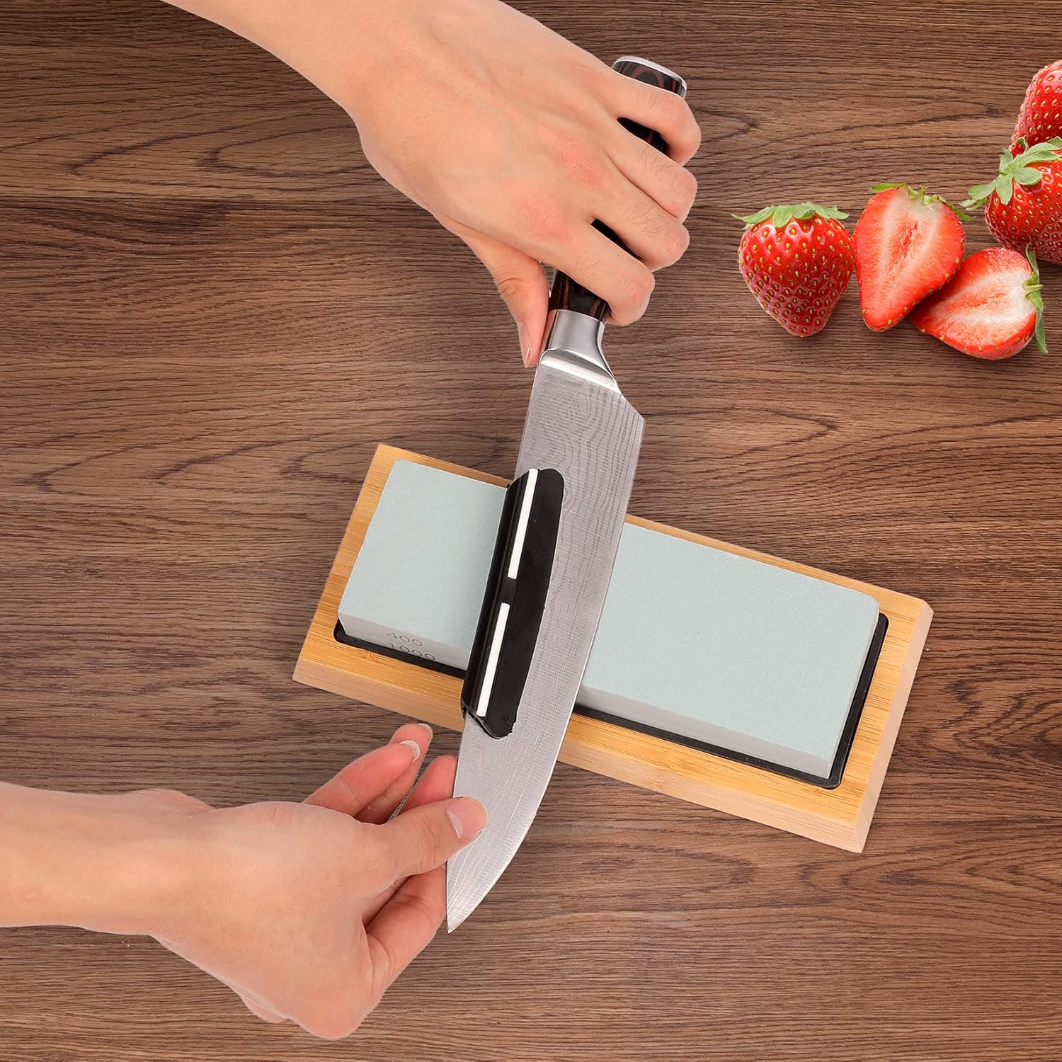 Knife Sharpening Stone Kit - Whetstone Knife Sharpener, Premium 2 Side Grit 400/1000 3000/8000 With Flattening Stone,Bamboo Base,Angle Guide,Leather Strop,Polishing Compound. : Tools & Home Improvement