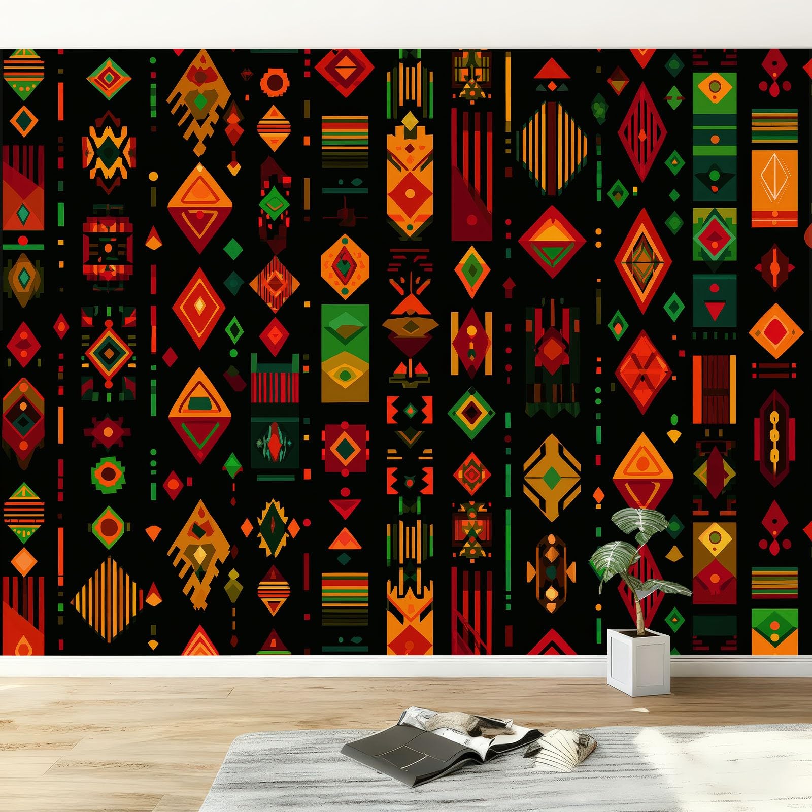 Tapeta 3D zdjęcie plemiona afrykańskie geometryczne romby fototapeta 300 x 210 cm, włóknina południowo-zachodnia sztuka druk tapeta sypialnia dekoracja pokrycie ścian plakat obraz projekt