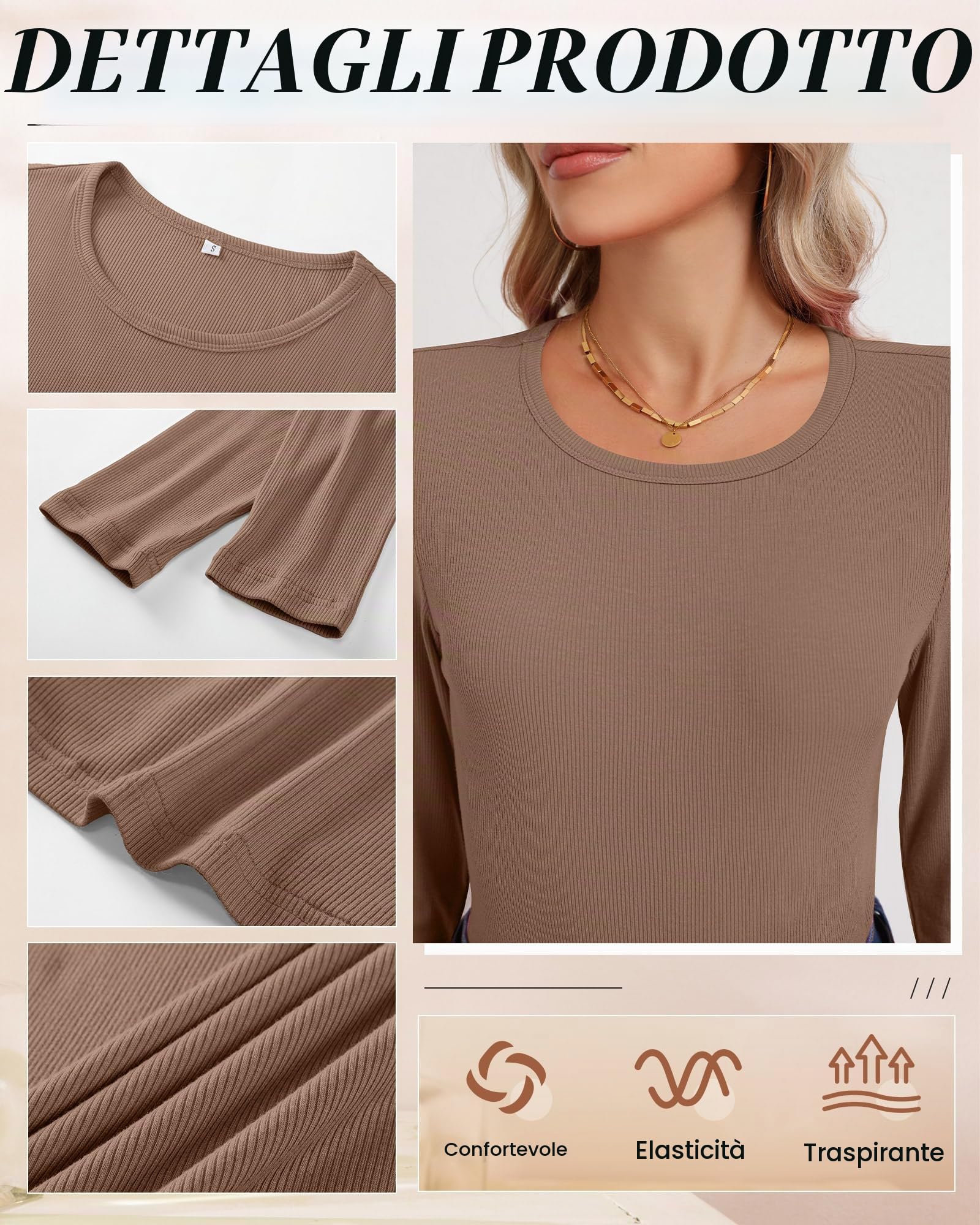 Ficerd - Confezione da 3 Maglie a Maniche Lunghe da Donna, t-Shirt Slim Fit con Scollo Rotondo e Top Casual in Maglia a Coste