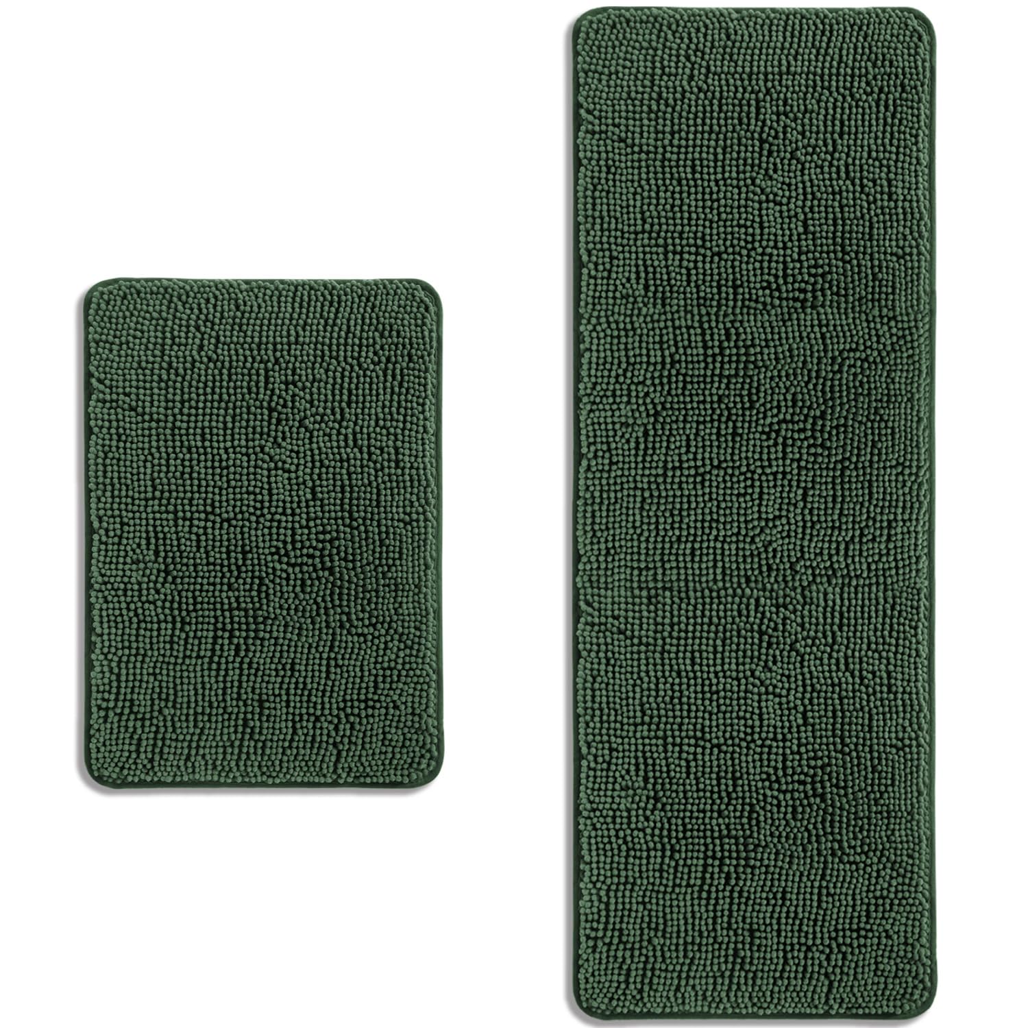PureSwan Bathroom Rugs Sets 2 Piece – Absorbent and Washable Bath Mat, Non-Slip, Thick Soft Chenille Bath Rugs for Bathroom Floor, Shower, Sink(17" x 24"+17" x 47", Hunter Green)