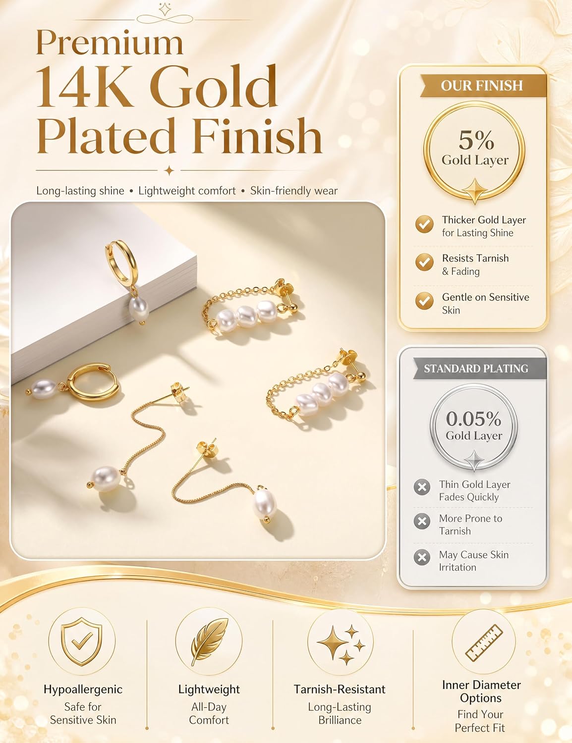 3 Pairs Stud Hoop Chain Earrings for Women - 14K Gold Plated Hypoallergenic Dangle Drop Earrings Set with CZ Pearl,Lightweight Ear Stack Jewellery for Multiple Piercings Gifts image 2