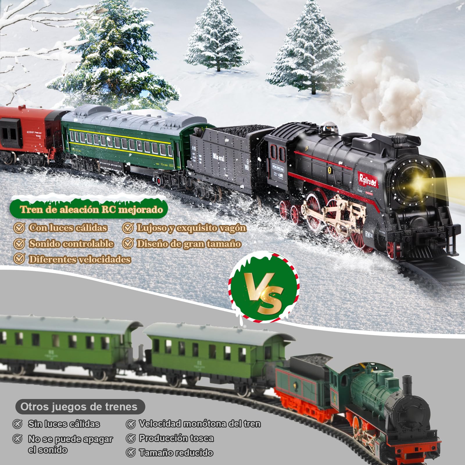 Joellfuner Tren Electrico Juguete Niños, Electrico Trenes de Navidad, Clasico Tren de Juguete con Vapor, Luces y Sonidos, Conjunto de Vías Decoración de Navidad Regalos de Cumpleaños