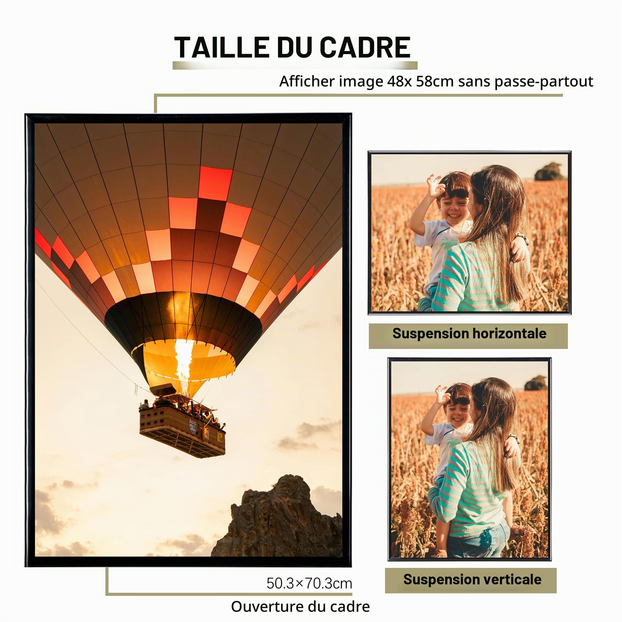 Lot de 3 cadres photo 50 x 70 cm, 50 x 70 cm, noirs, bandes coulissantes, montage mural horizontal ou vertical