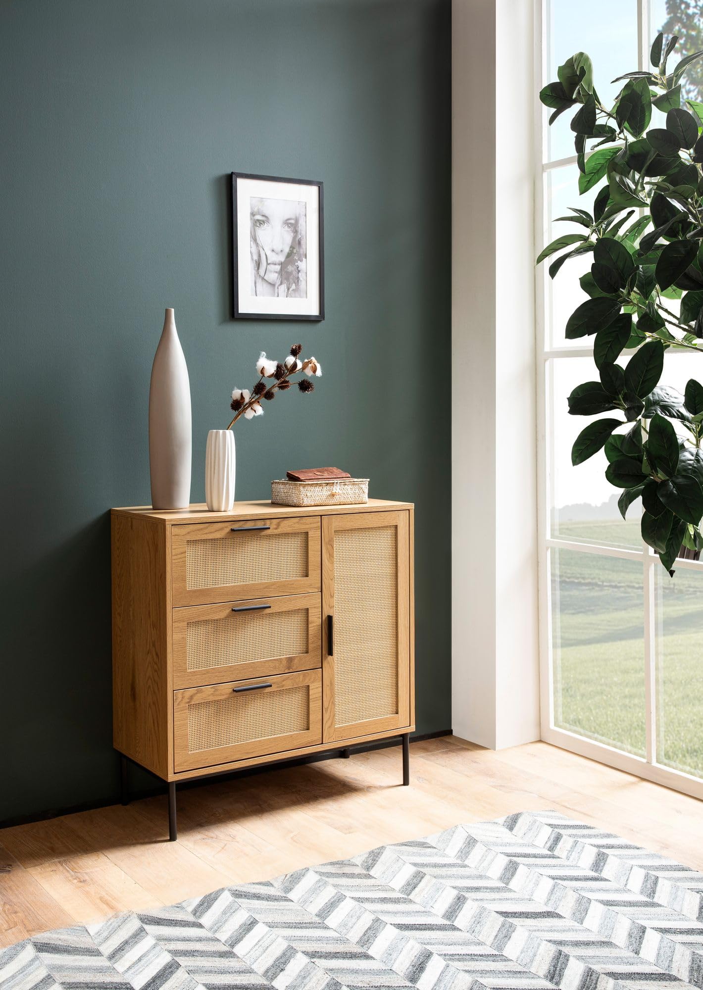 WOHNLING Cassettiera 80x36x82 cm Effetto Rovere Rattan, 3 Cassetti Anta | cassettiera da ingresso raffinato con vano contenitore, credenza con frontali in paglia, cassettiera per ingresso e soggiorno