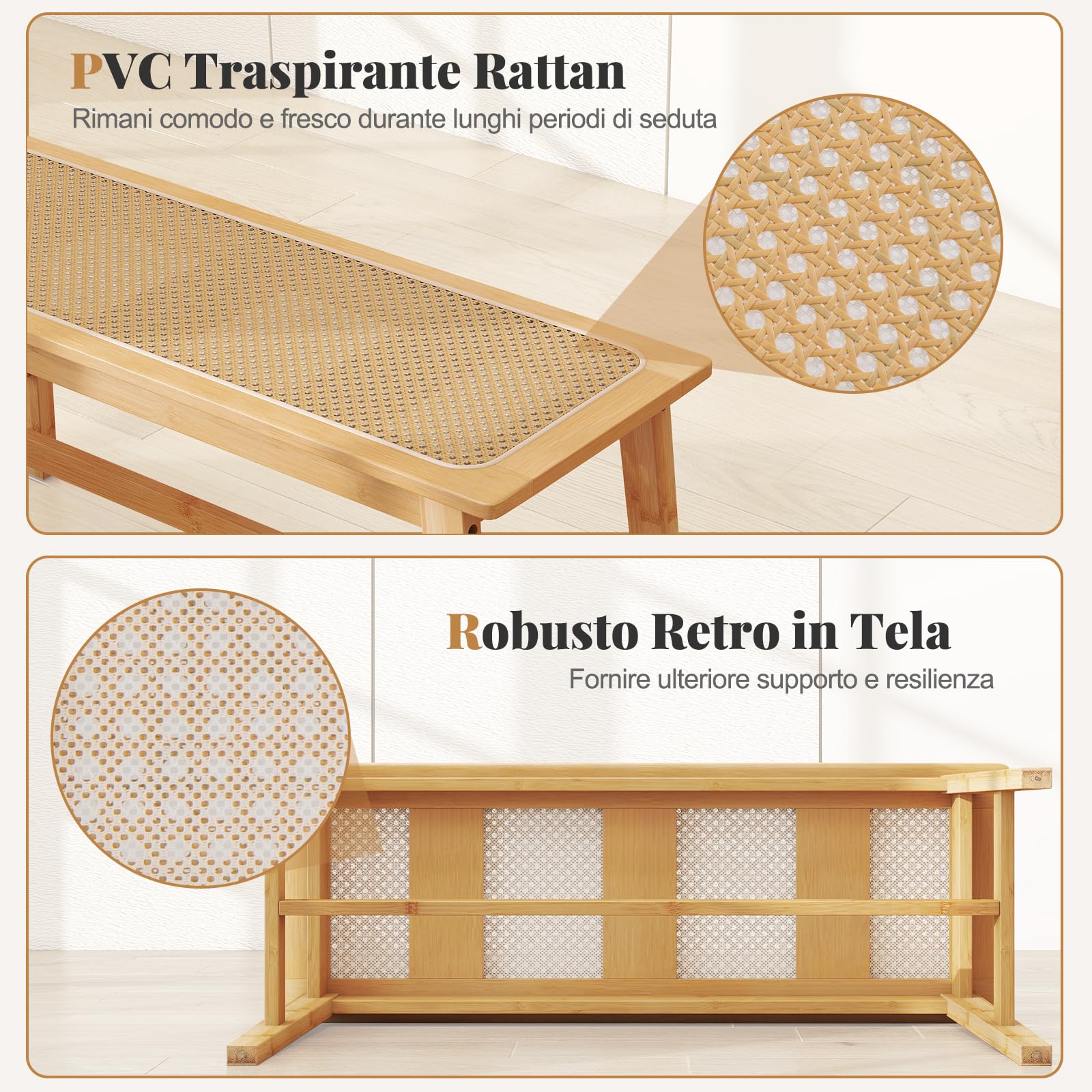 COSTWAY Panca da Pranzo 100 cm in Bambù Naturale, Panchina per 2 Persone con Seduta Rattan Intrecciato a Mano, Panca Stile Fattoria per Cucina, Bagno e Camera da Letto, Sgabello per Scarpe