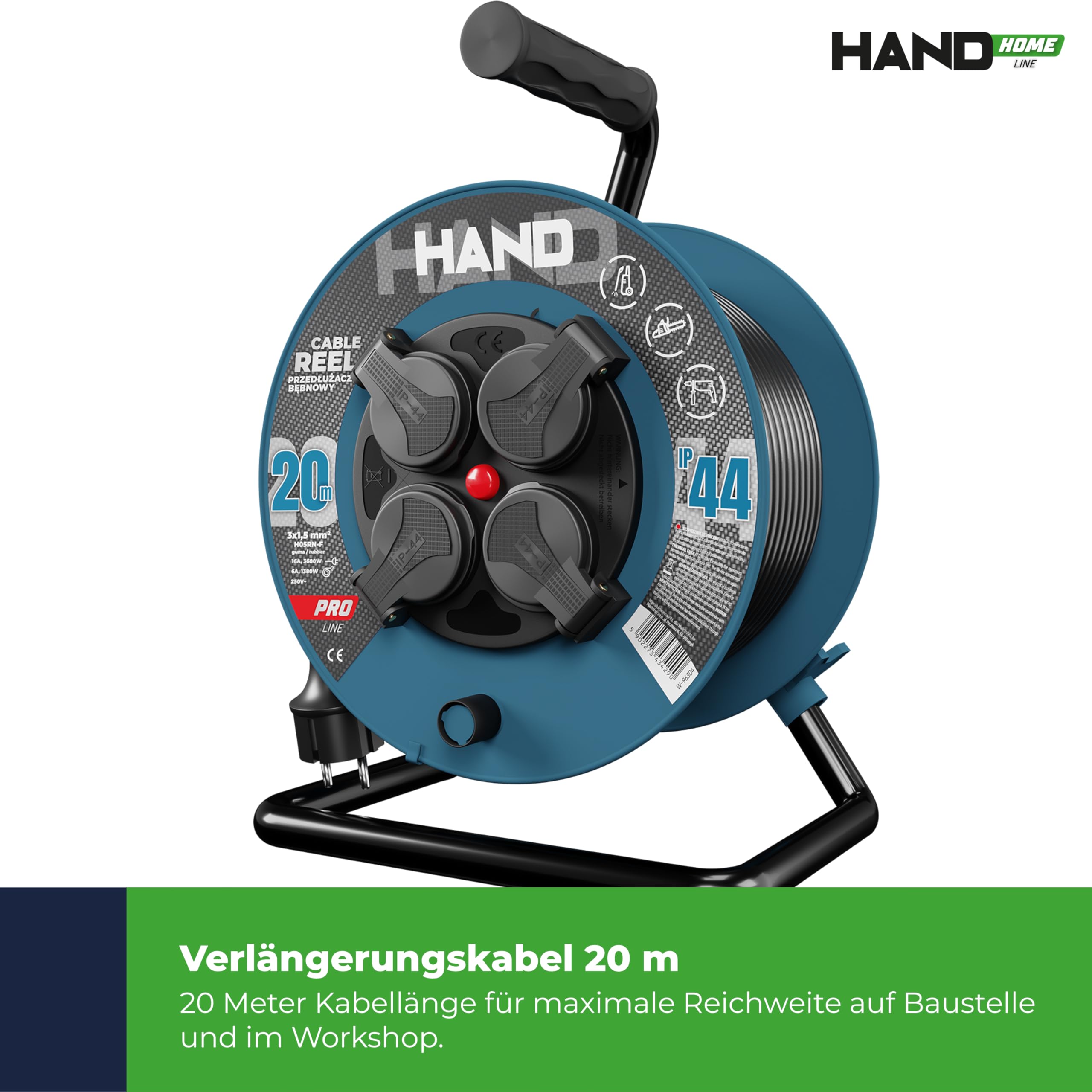 HAND HAND PRO - Carrete de cable (20 m, IP44, H05RN-F, 3 x 1,5, cable de goma para exteriores), color negro