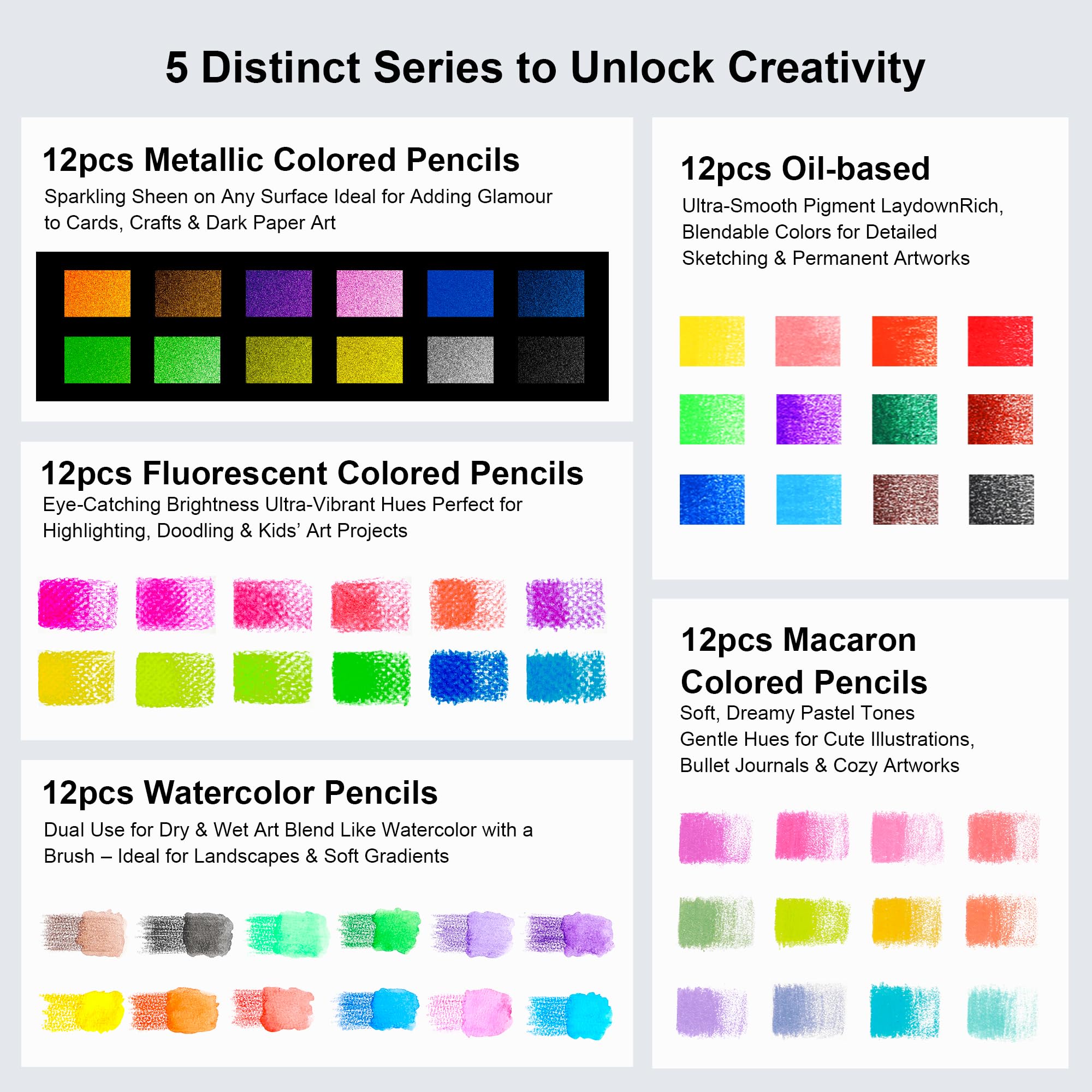 Kalour, set di 60 matite per disegno artistico, comprese matite a olio, metalliche, ad acquerello, al neon, pastelli macaron. Ideale per schizzi, colorazione e lavori fai-da-te, regalo per adulti
