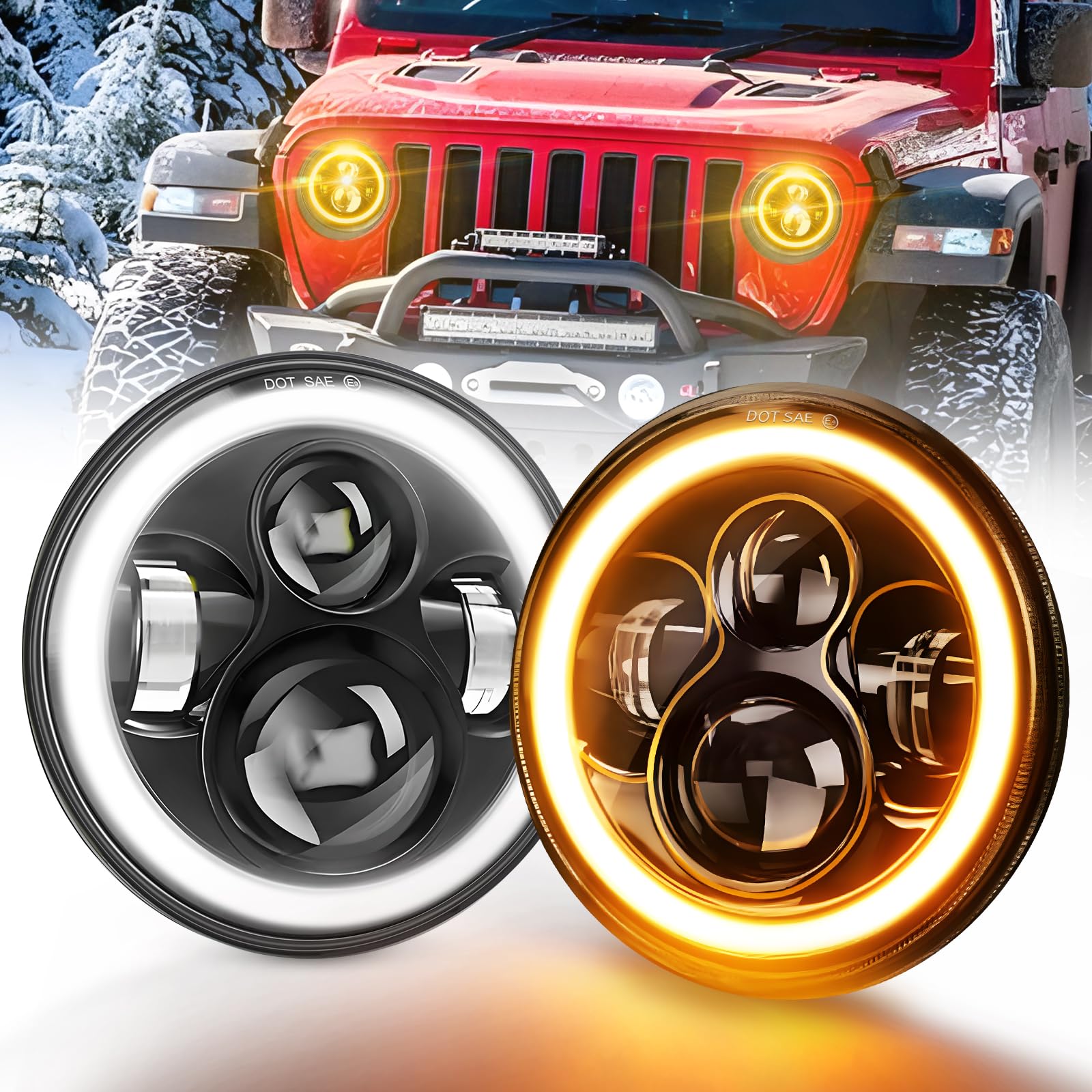 CO LIGHT 7” Rond Phare Voiture OffRoad, Blanc HI LO Beam, Blanc Ambré Halo DRL/Clignotant, 6000K 12V/24V