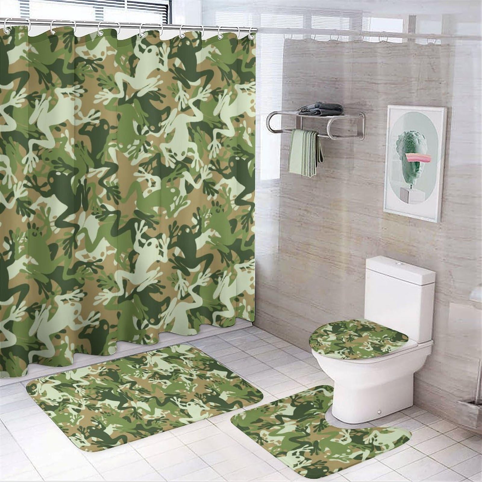 JZemdybill Bathroom Mat Set 4 Piece, Frog Camouflage Shower Curtain with Non-Slip Bath Mats for Bathroom
