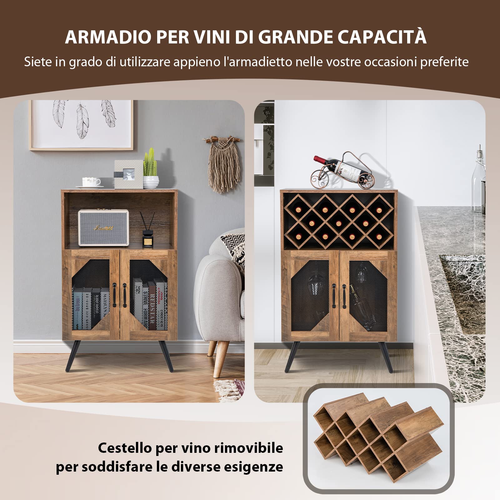 COSTWAY Cantinetta Portabottiglie in Legno con Portabottiglie Rimovibile