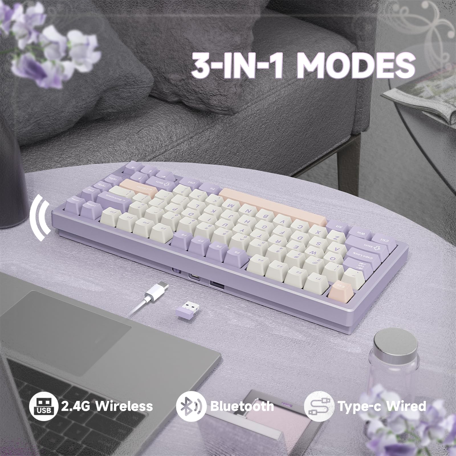 LexonElec x ATTACK SHARK X75 CNC Tastiera da gioco wireless in alluminio al 75%, Tri Mode-BT/2.4G/Cablato, Tastiera meccanica RGB montata su guarnizione, batteria da 5000 mAh, Supporta Win/Mac-viola