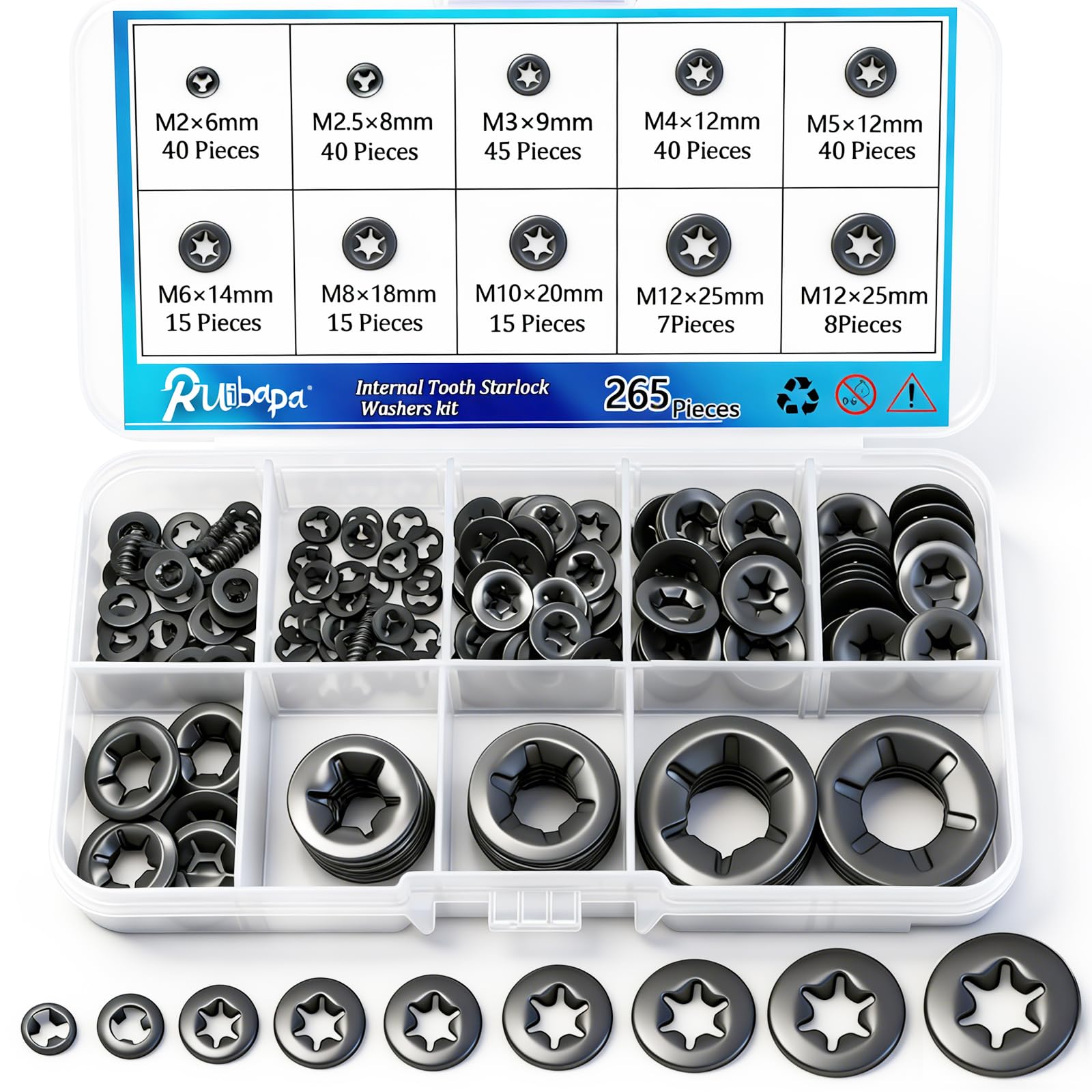 Ruipaba 265 PCS Internal Tooth Star Lock Washers 9 Size Push On Locking Washers Speed Clips Fasteners Assortment Kit