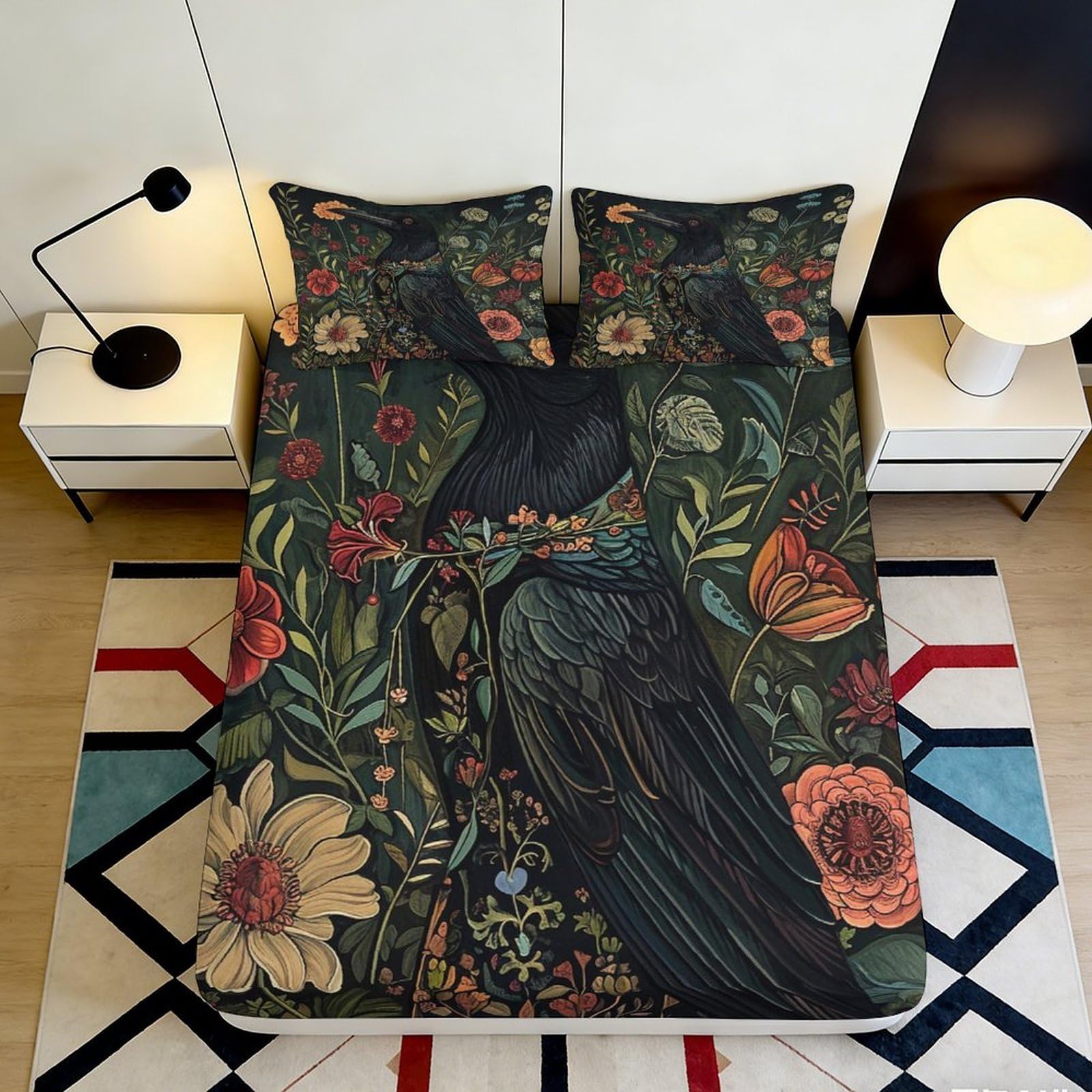 Jqzkxnhpbr Style-3 3D Printed Black Raven Floral Fitted Sheet Microfiber Soft Artistic Mattress Cover Bedroom Decor 90X200x25cm