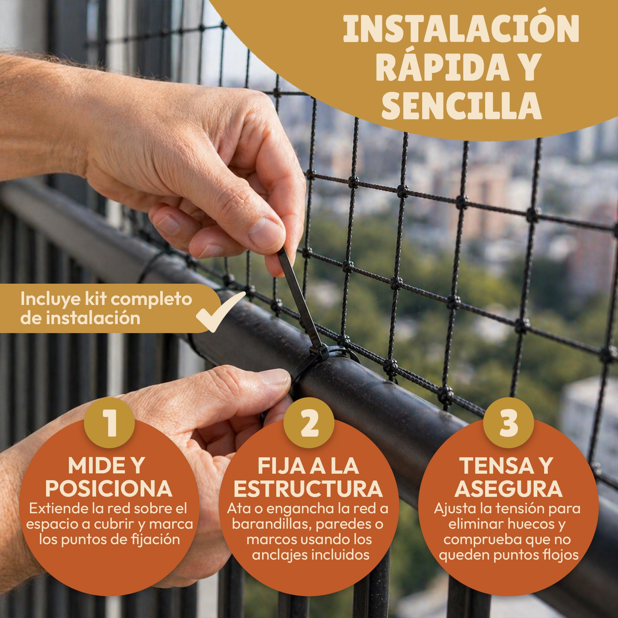 Para Gatos Terraza Reforzada Con Acero, Malla Metálica De Seguridad Anticaídas Balcón, Ventanas Y Exterior Kit Completo Instalación 25 Bridas, Tacos Ganchos Resistentes, Red, 4x3m