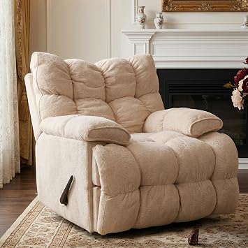 Oversized Swivel Rocker Recliner,Recliner Chairs for Adults,Extra Wide Manual Recliners Clearance,Upholstered Nursery Reclining Glider Chair,Swivel Chairs for Living Room, Beige