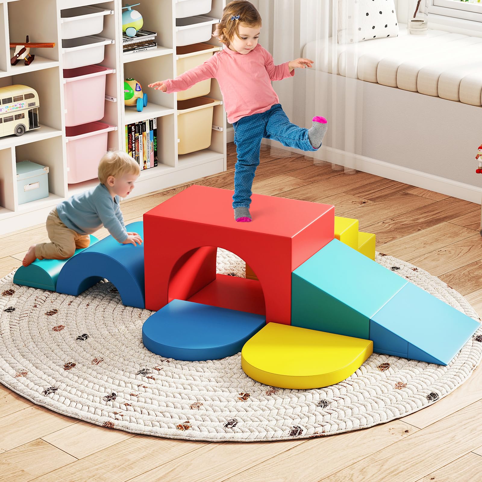 GOPLUS Bloques de Escalada de Espuma para Niños con Revestimiento de PU Extraíble, Juego de Juguetes de 8 Piezas para Bebés y Niños Pequeños para Habitación Infantil (Rojo)