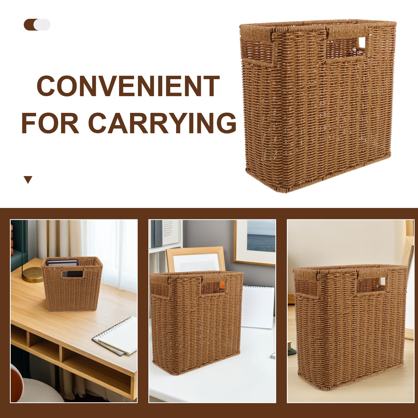 Cesta de almacenamiento multiusos: cestas portátiles de mimbre marrón oscuro con asas para encimeras de cocina y baño, organizador de revistas.