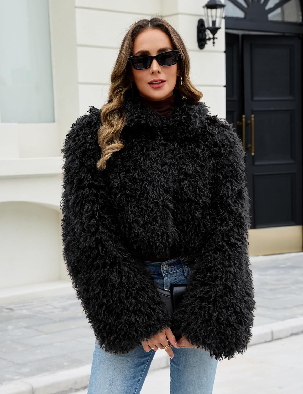 Womens Faux Fur Cropped Coats Fuzzy Long Sleeve Stand Collar Winter Jacket Open Front Cardigan Top Fluffy Warm Outwear - Image 3