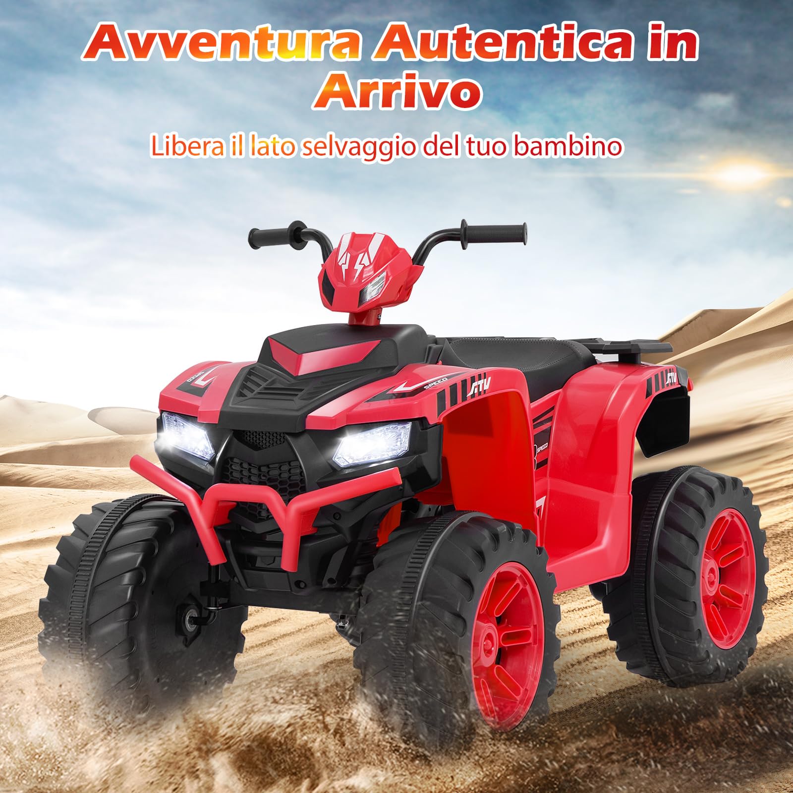 COSTWAY 24V Quad Elettrico per Bambini, Macchina Elettrica Cavalcabile con Musica Radio Luci a LED, Avvio Lento, Velocità Fino a 5km/h, per Bambini 3-8 Anni (Rosso)