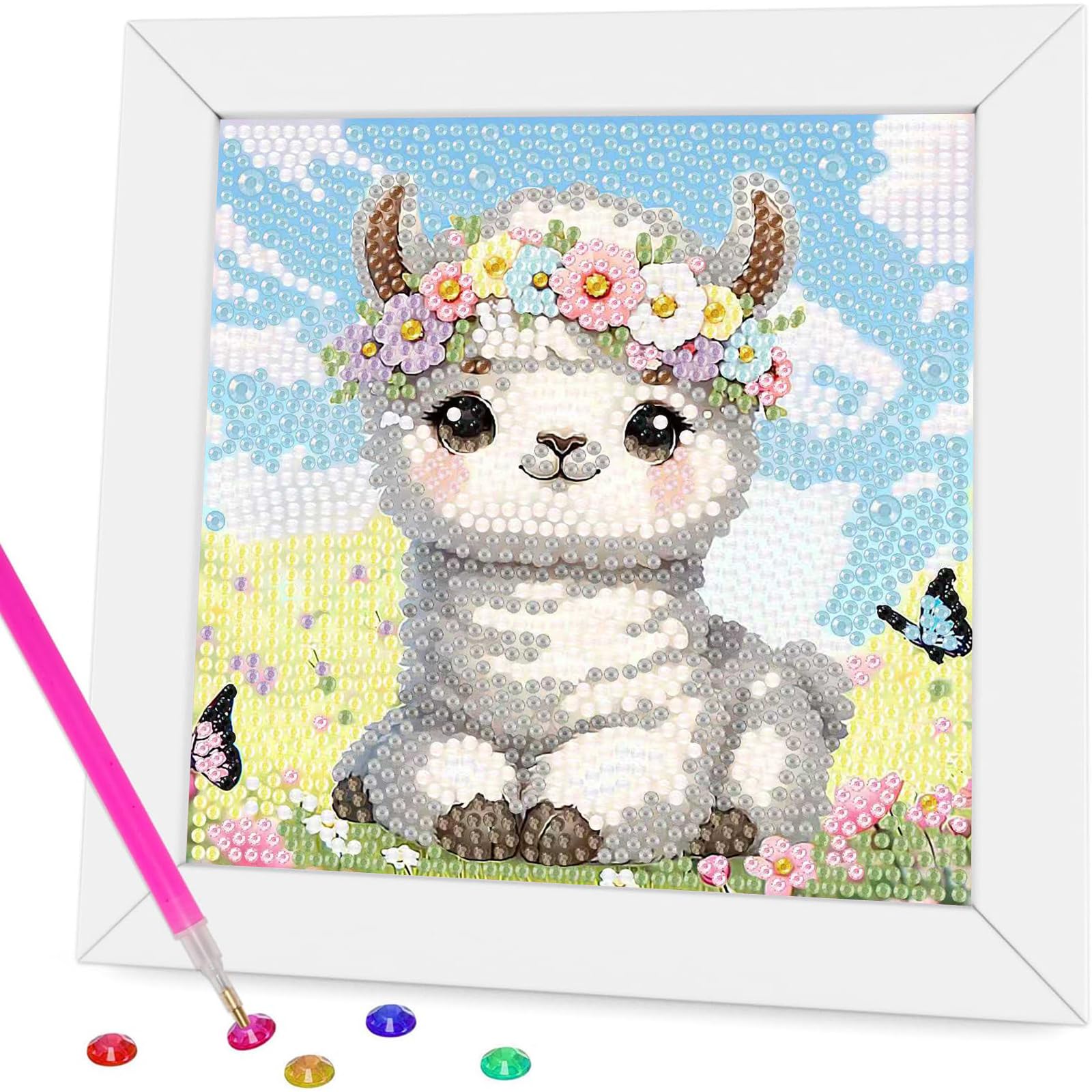 Miquans Art Diamond Painting Kinder, Schafe Diamond Painting Mit Rahmen - Diamant Painting Bilder Kinder für Geschenk Wanddekoration 18x18cm