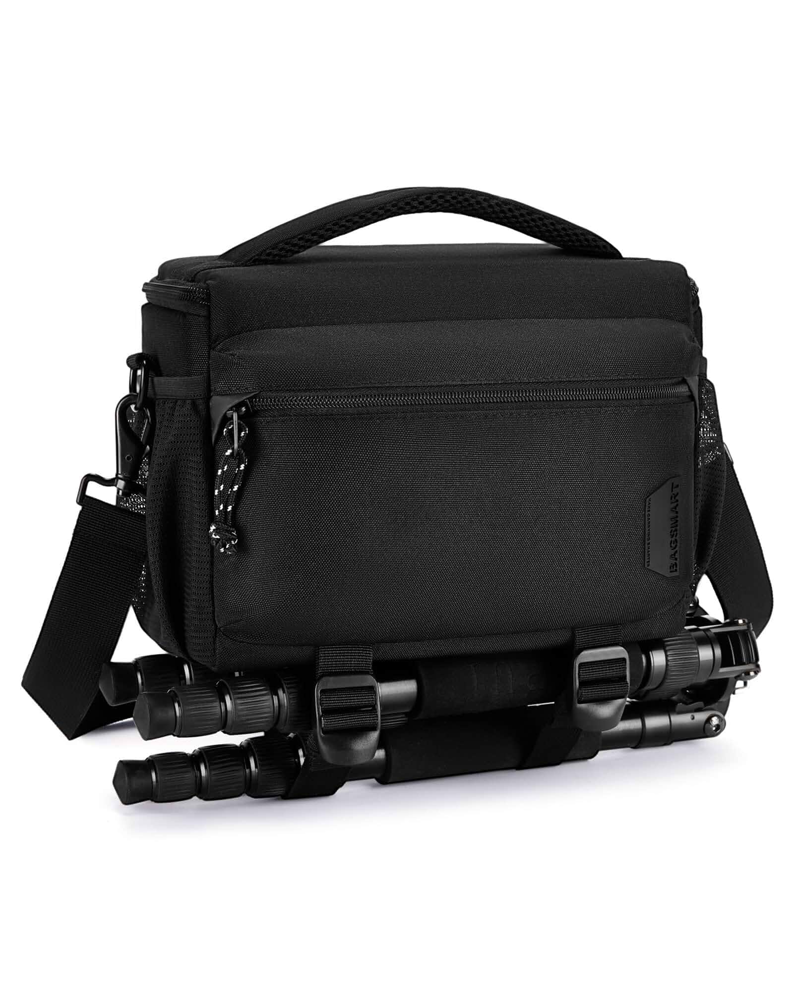 BAGSMARTCamera Sling Bag with Tripod Holder & Rain Cover, Black Small Camera Shoulder Bags for DSLR/SLR/Mirrorless Cameras, Compact Crossbody Camera Case