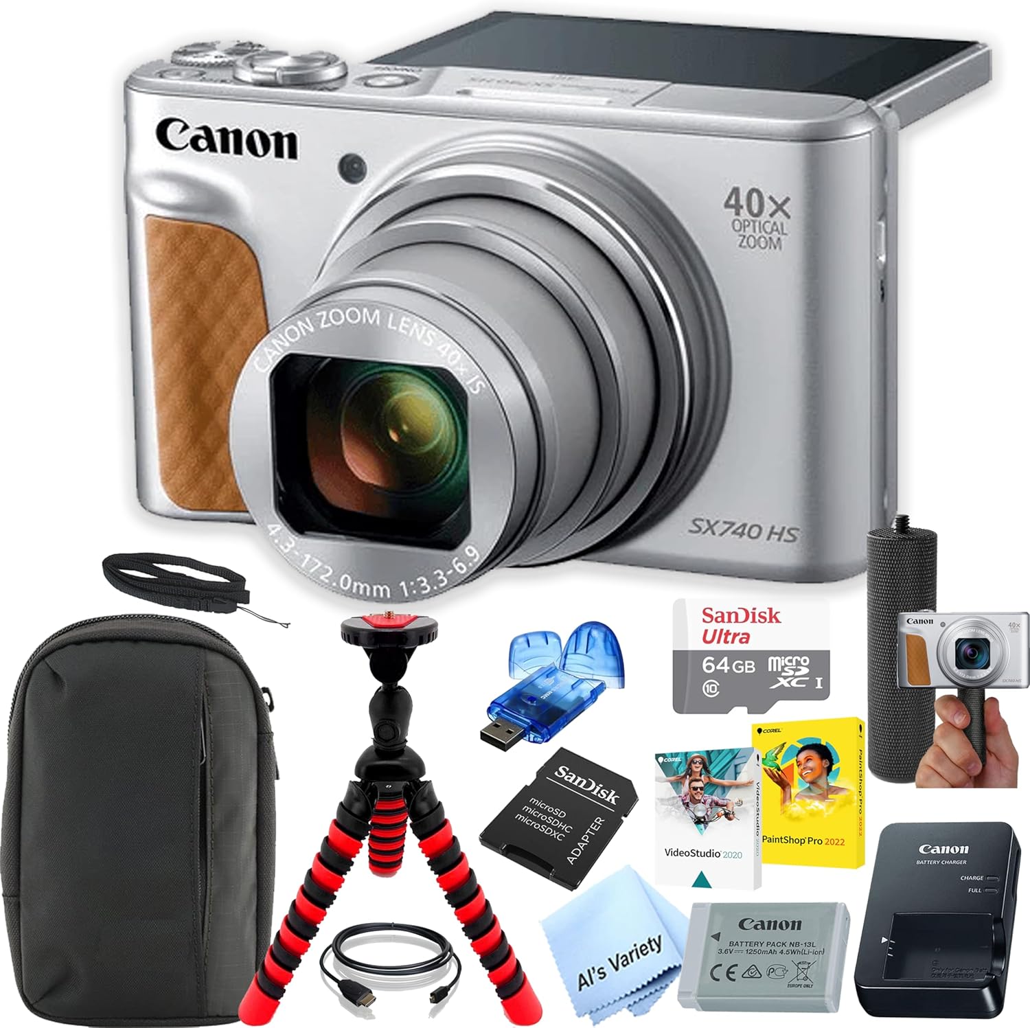 Canon Powershot SX740 HS Digital Camera (Silver) Kit with Accessories: 64GB Memory,Case, Tripod, Grip, Software, & More (Vlogger Bundle)(Renewed)