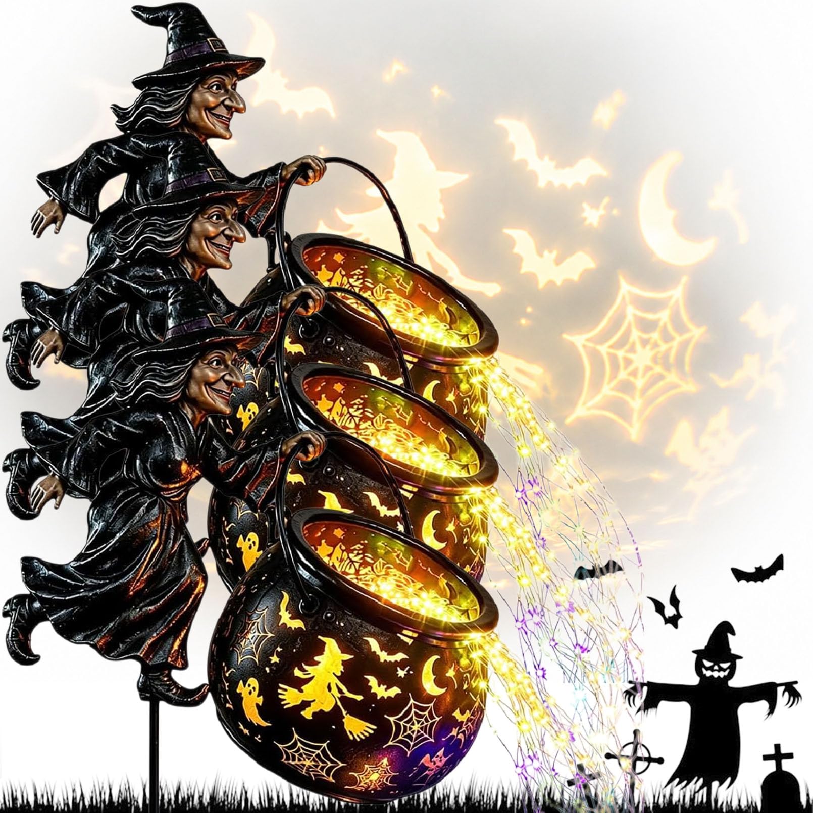 Halloween Witch Cauldron Garden Light – Solar Projection Stake for Yard (3PCS)