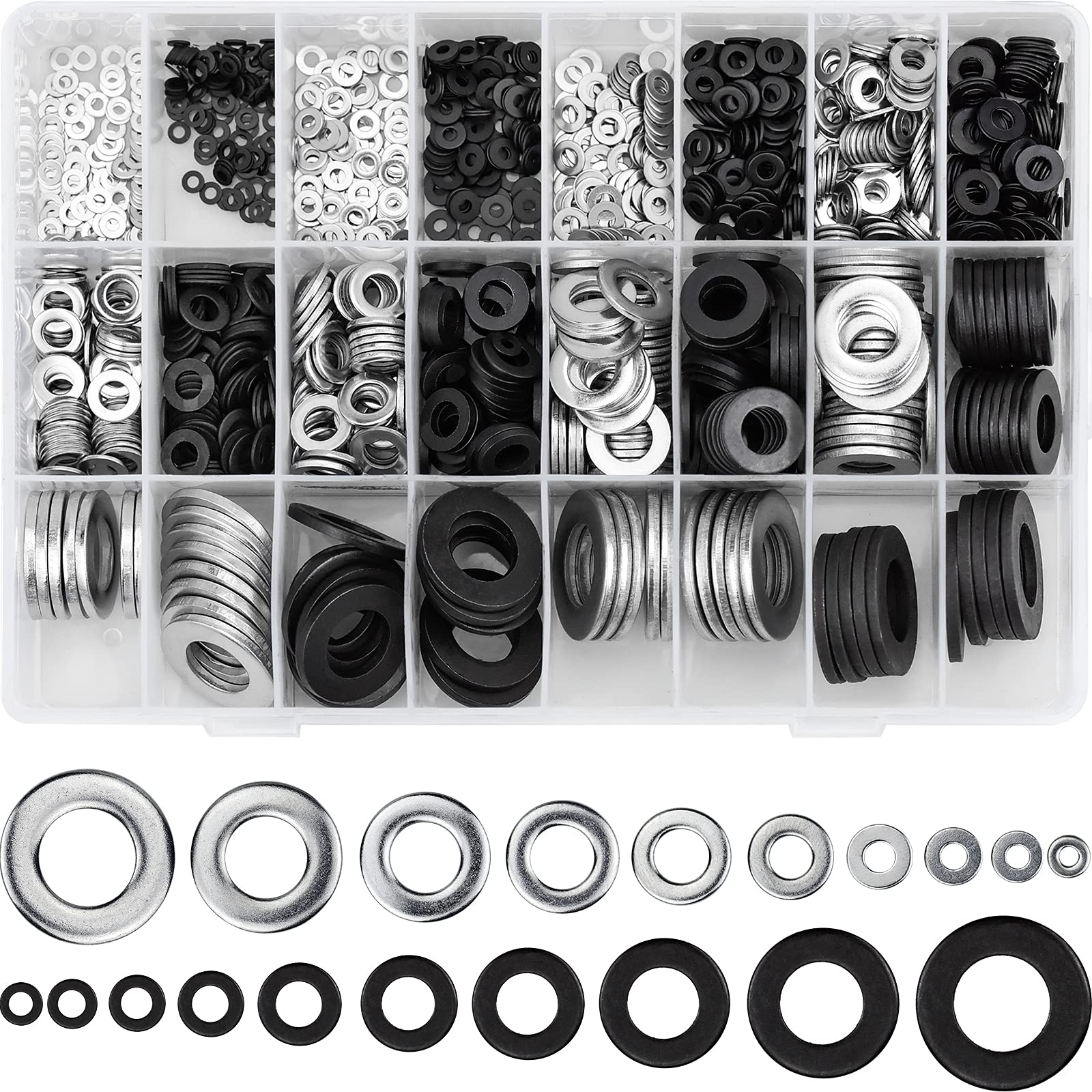 1300 Pcs Flat Washers, Stainless Steel Black/Silver Round Metric Flat Washer M2 M2.5 M3 M4 M5 M6 M8 M10 M12 M14 Assorted Washers Set for Home Decoration Factories Repair Construction