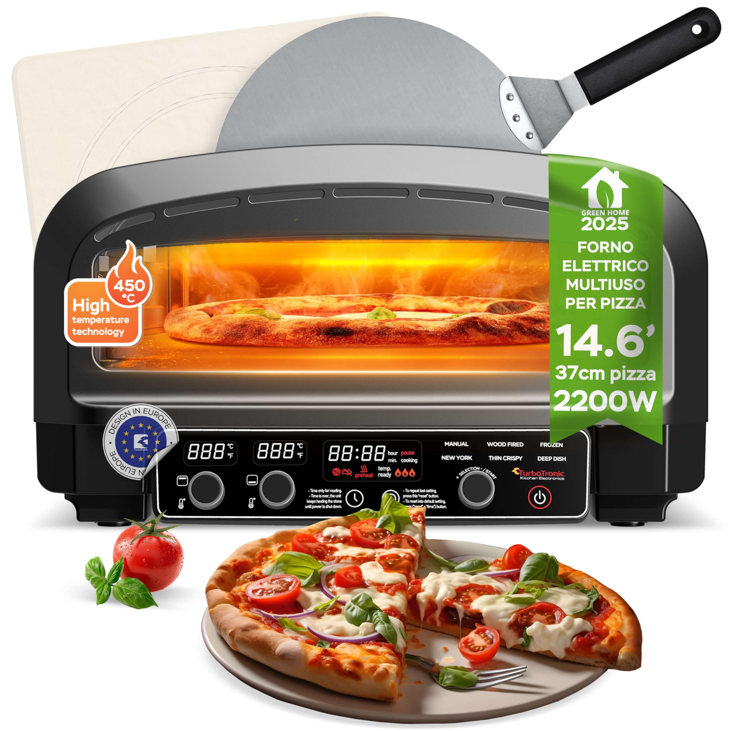 Forno elettrico per pizza fino a 450 °C, pietra interna ed esterna, 2200 W, giardino per casa, piccolo forno, tavolo e fiamme, con pala
