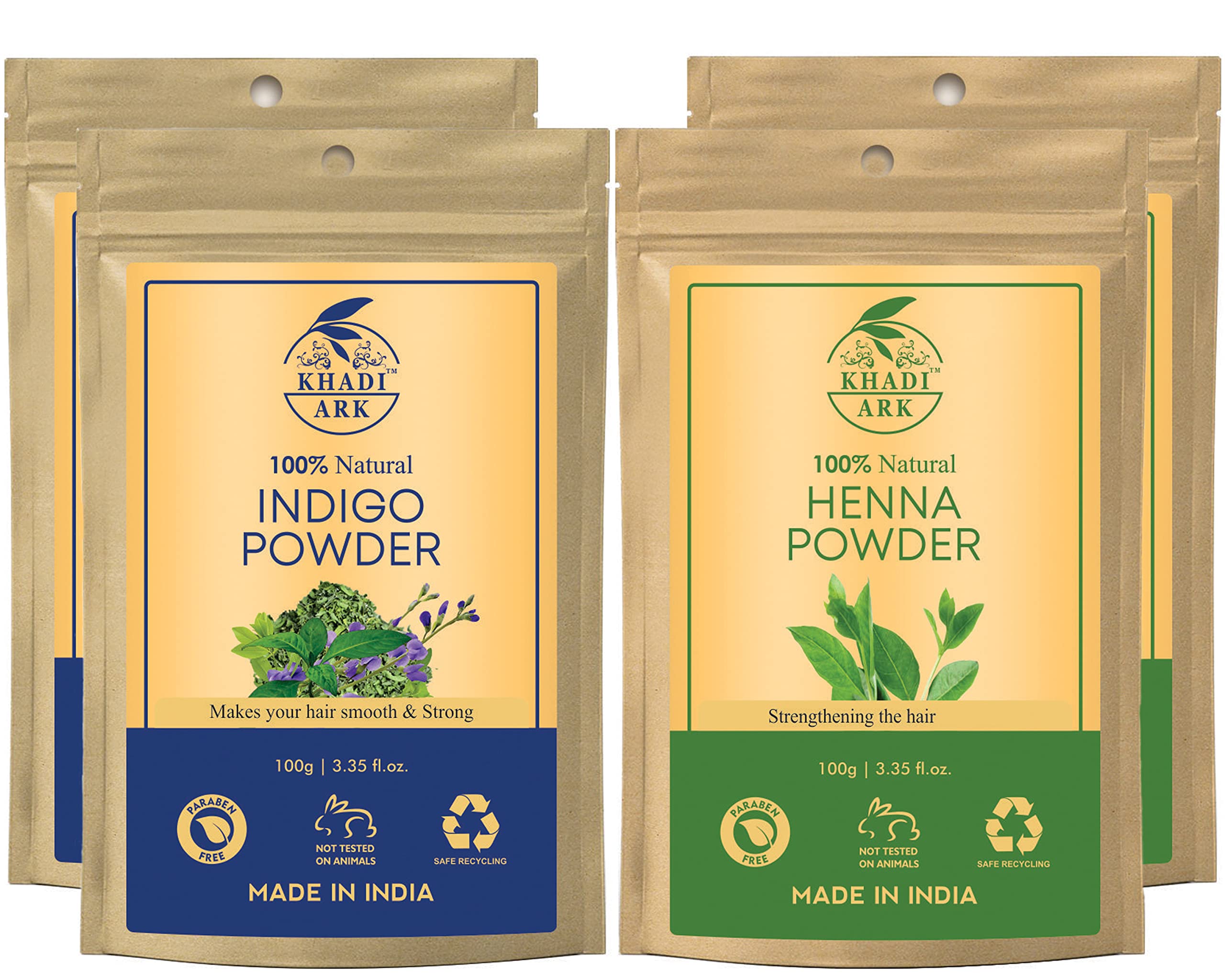 Khadi Ark Henna & Indigo Powder Hair Color for Silky, Smooth Healthy Hair-(100 GM Each, Pack of 4) 400 GM