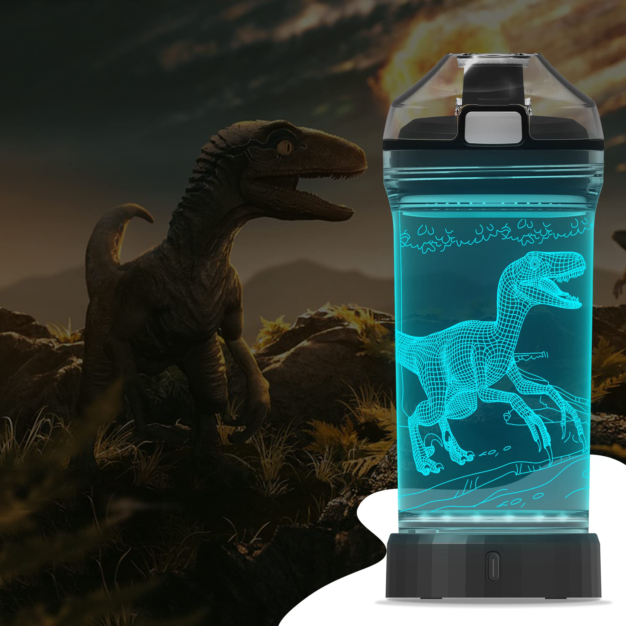 Light Up Dinosaur Water Bottle - Color Changing LED Night Light, 14oz Tritan BPA-Free Kids Bottle
