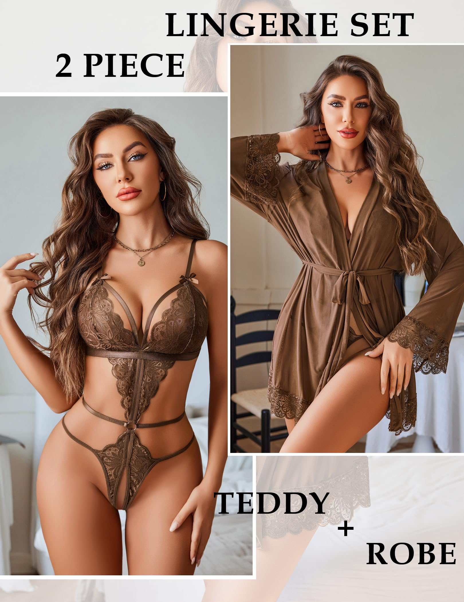 Conjunto de lencería sexy para mujer, 2 piezas, body de encaje con bata kimono de malla | Cuello en V profundo, correas ajustables, babydoll transparente, boda, luna de miel, S-XXL