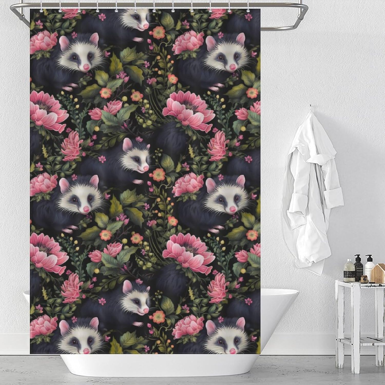 Cute Possum Flowers Funny Shower Curtains Washable Bath Curtain Liner with Hooks for Bathroom Bath Tubs