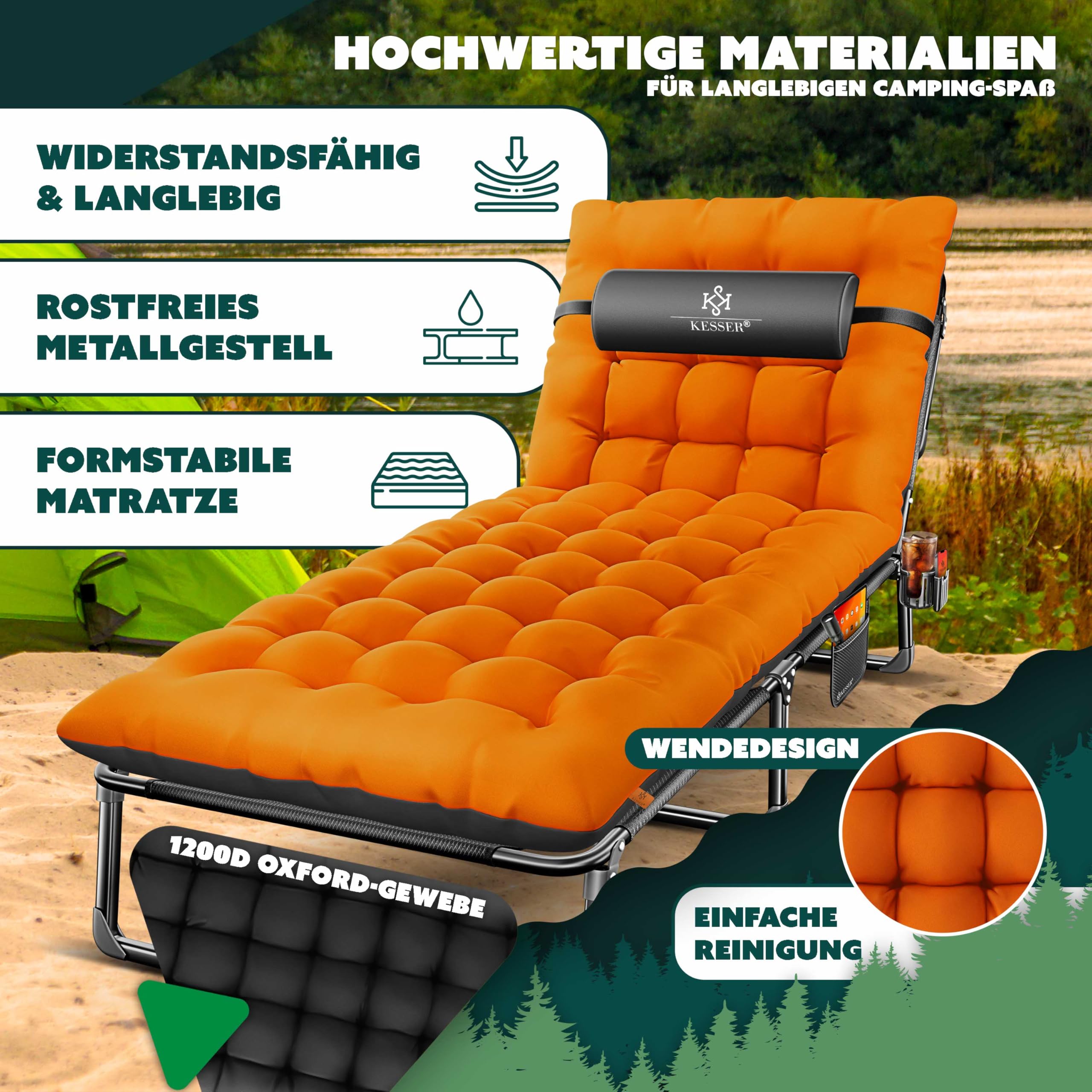 KESSER Lit de camping pliable, 190 x 68 x 30 cm, charge maximale jusqu'à 250 kg, en tissu Oxford et cadre en acier robuste + sac de transport, coussin cervical, poche latérale et porte-boisson