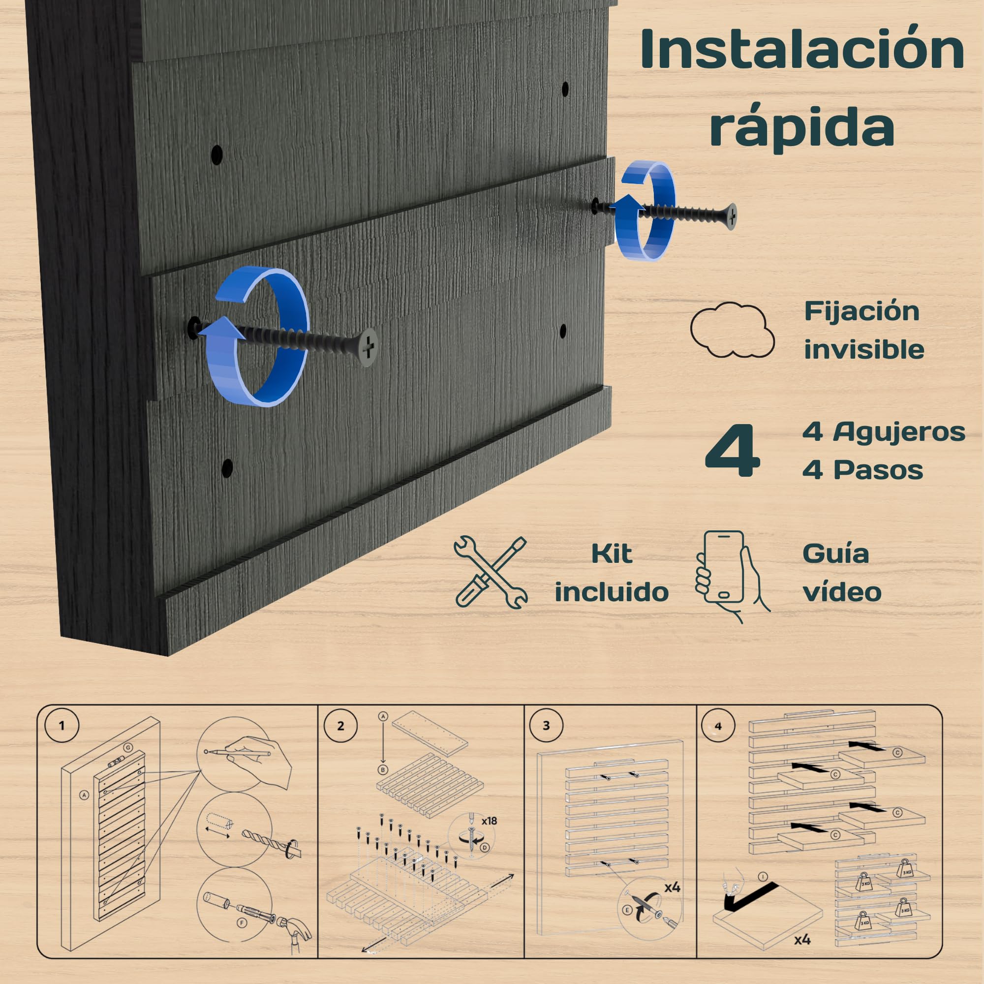 Estantería Flotante Pared Modular de Madera Maciza (Negro) | Estante colgante, repisas y baldas para recibidor, entrada, salón, baño o dormitorio. Mueble organizador de libros y plantas
