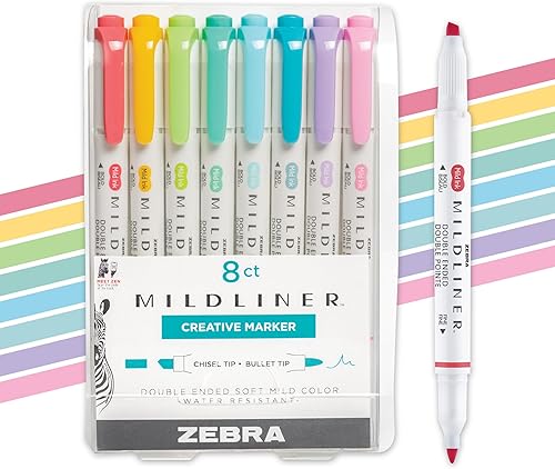 Zebra Pen Mildliner - Juego de resaltadores de doble extremo puntas de punta ancha y fina colores de planificador de tinta surtidos paquete de 8