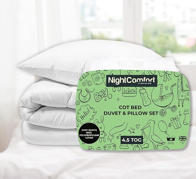 Night Comfort Cot Bed Toddler Duvet and Pillow Set for Newborns, Baby Girls and Boys - Easy Care All Season Standard Anti-Allergy Polypropylene Quilted baby Duvet and Pillow (4.5 TOG)