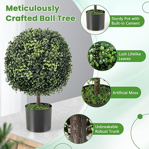 Miniatura 5 de Goplus Árbol de bola artificial de boj de 22 pulgadas, juego de 2 plantas artificiales en maceta, arbustos artificiales con maceta de cemento,