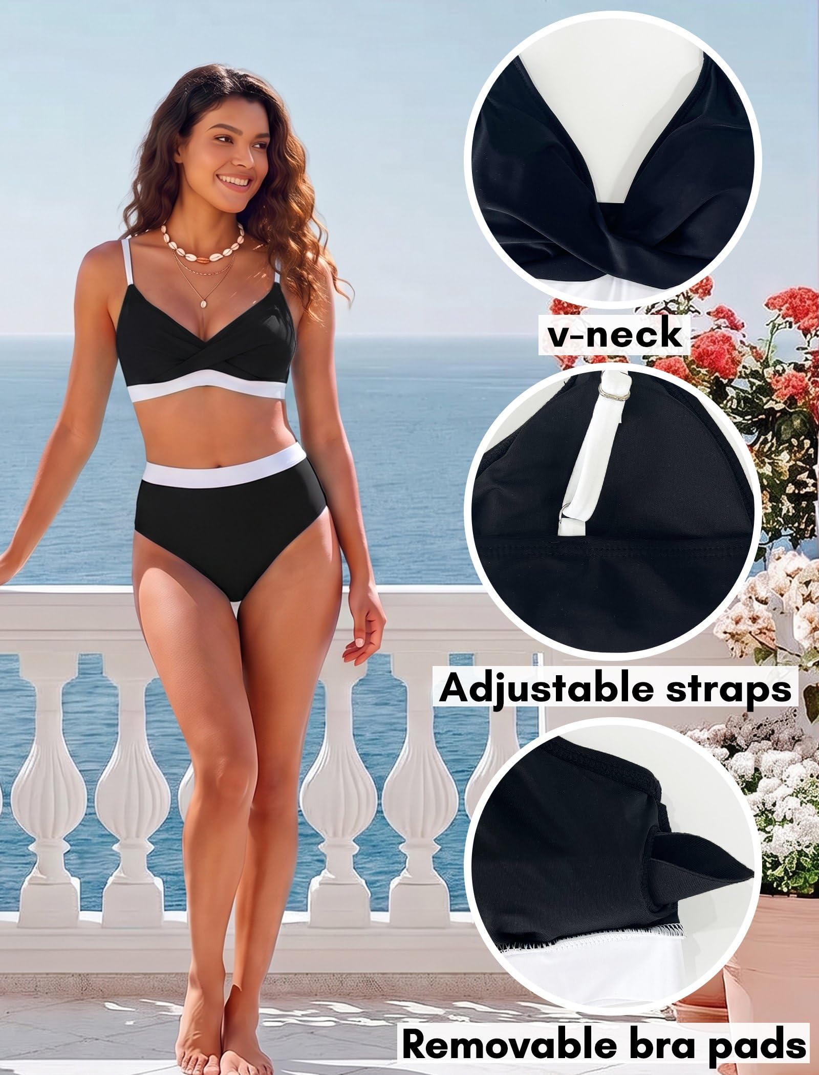 YNIQUE Conjunto de bikini para mujer con cuello en V, traje de baño sexy de dos piezas, Negro , L | Bikini sexy de dos piezas para mujer, cintura alta, push up, tirantes ajustables, almohadillas extraíbles