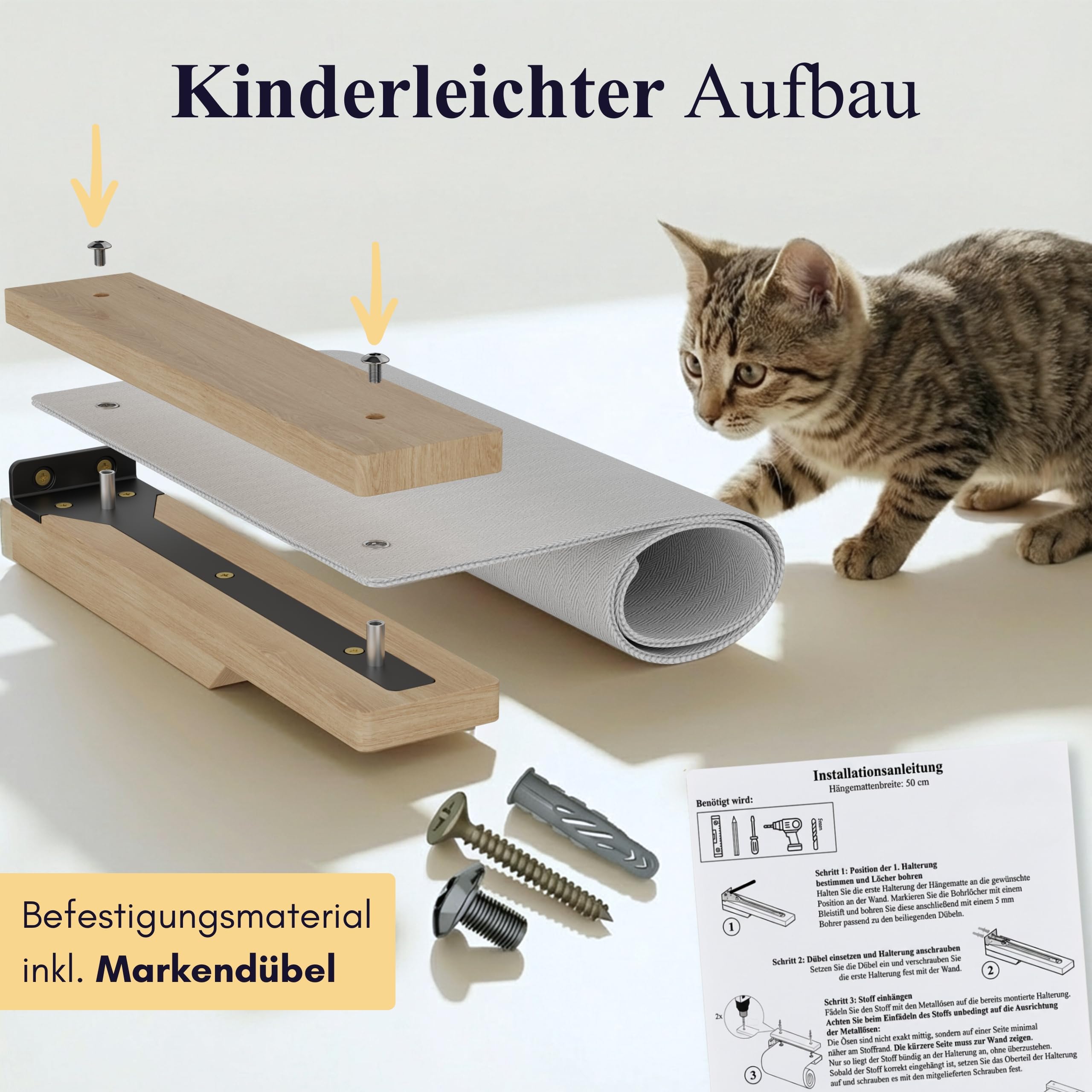 LUXOR Kletterwand Katzen Hängematte inkl. 2X Katzentreppe Wand & Befestigungsmaterial - Stabilität und Langlebigkeit Dank Massivholz und Stahlkonstruktion - mit kratzfestem Leinenstoff