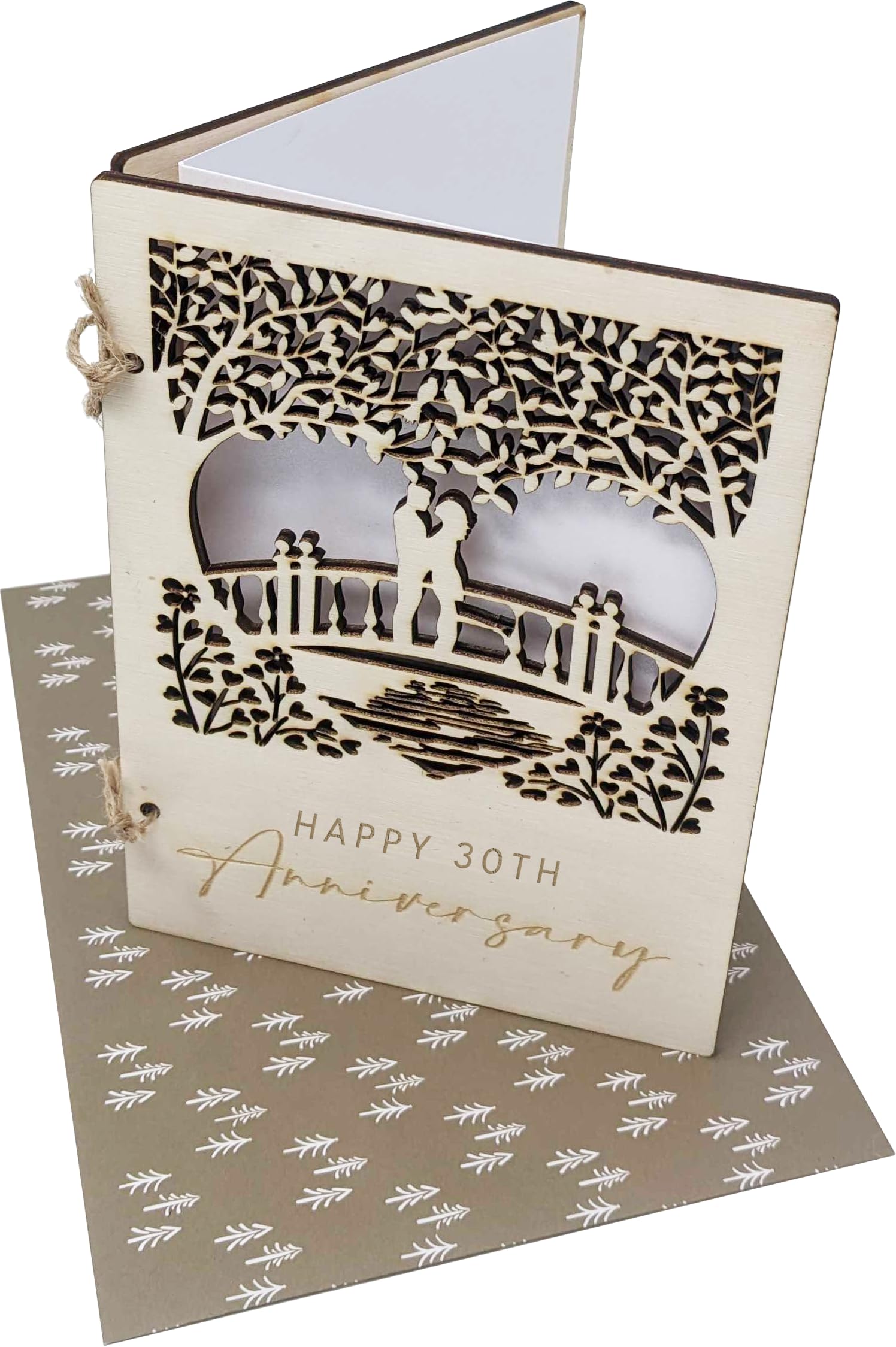 Wooden 30th Anniversary Card with Loving Couple on a Bridge Detailed Carving (30 Year Anniversary) Thirty Thirtieth