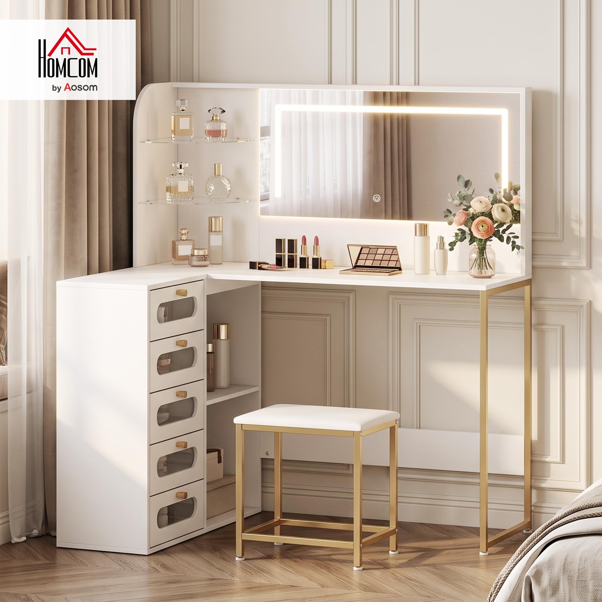 HOMCOM Tocador de Maquillaje con Espejo LED Regulables Taburete Blanco