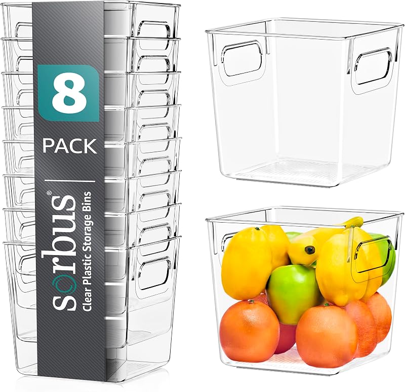Sorbus Pequeños contenedores de almacenamiento de plástico transparente para estantes, ropa, con asa, contenedores de almacenamiento transparentes, cajones, estantes, armarios, despensas, neveras, congeladores, organizadores de armarios y almacenamiento (paquete de 8)