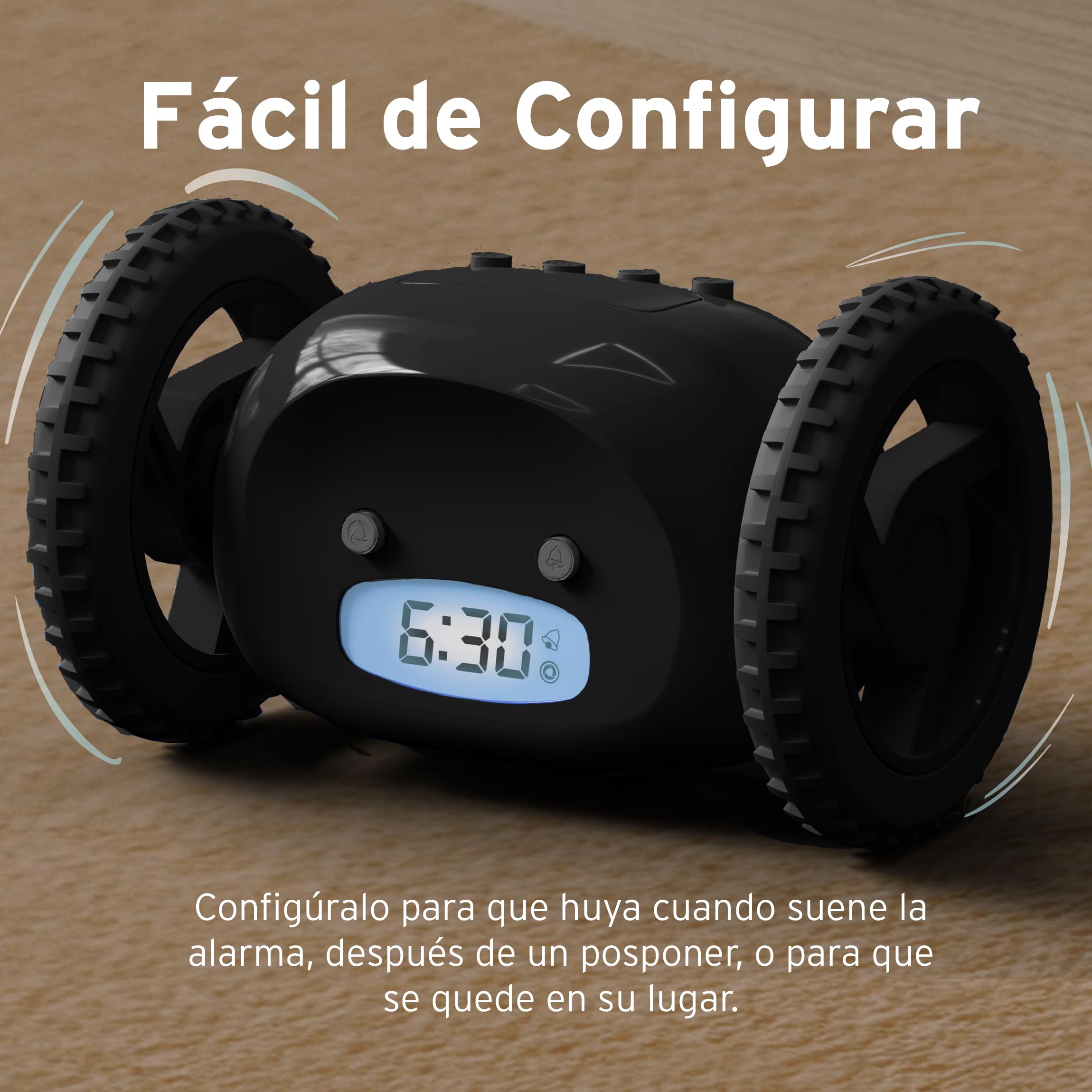 CLOCKY Reloj Despertador Potente Ruidoso Sonido Muy Fuerte para Dormilones Sordos Sueño Profundo Adultos Niños Despertador Digital Inteligente con Ruedas Se Mueve Regalo Divertido (Ruedas Negras)