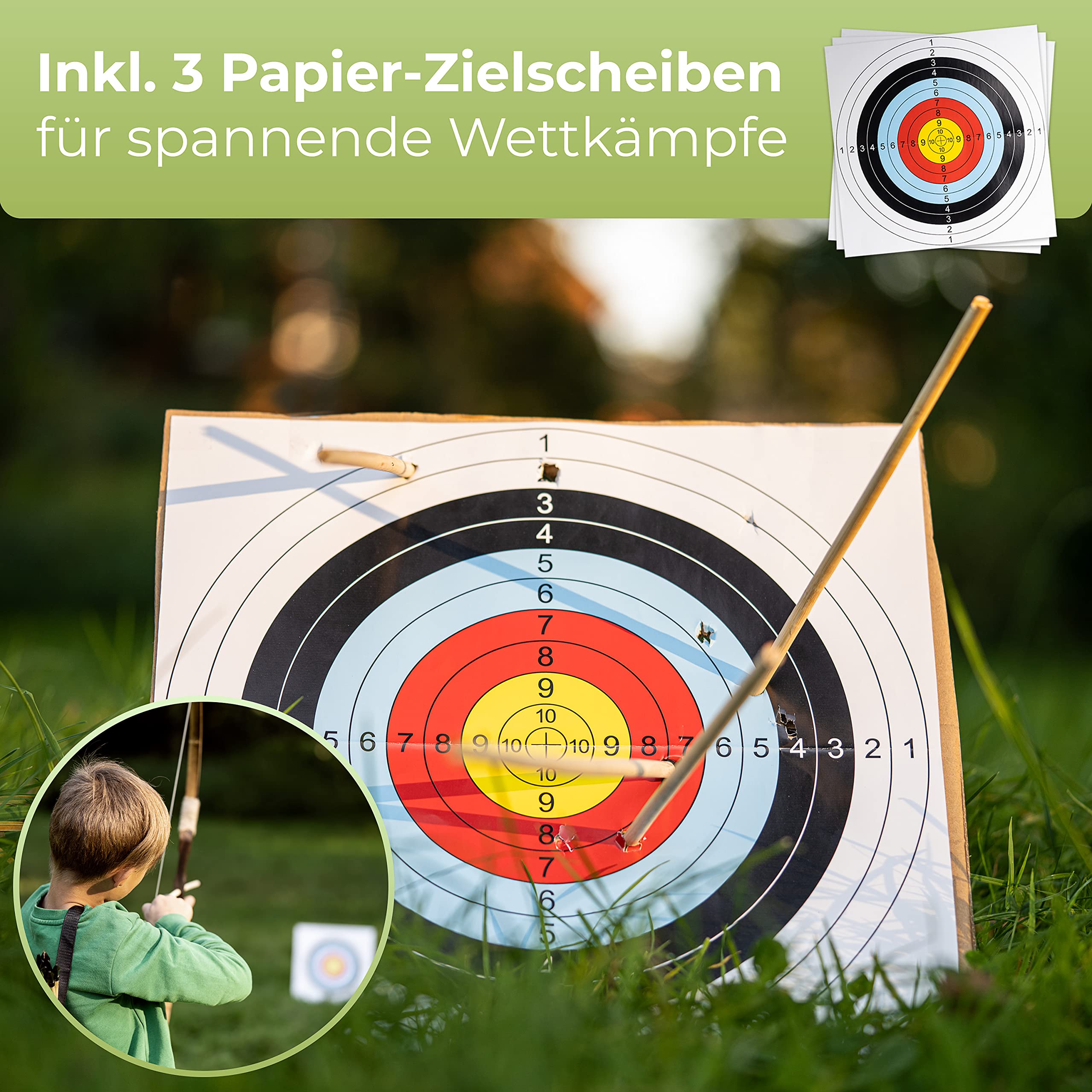 BOWRILLA® Pfeil und Bogen Kinder | 10 Pfeile mit Gummispitze, Köcher und 3 Zielscheiben | Bogenschießen Kinder Set inklusive Aufbewahrungstasche | Kinderbogen für Rechts- und Linkshänder geeignet