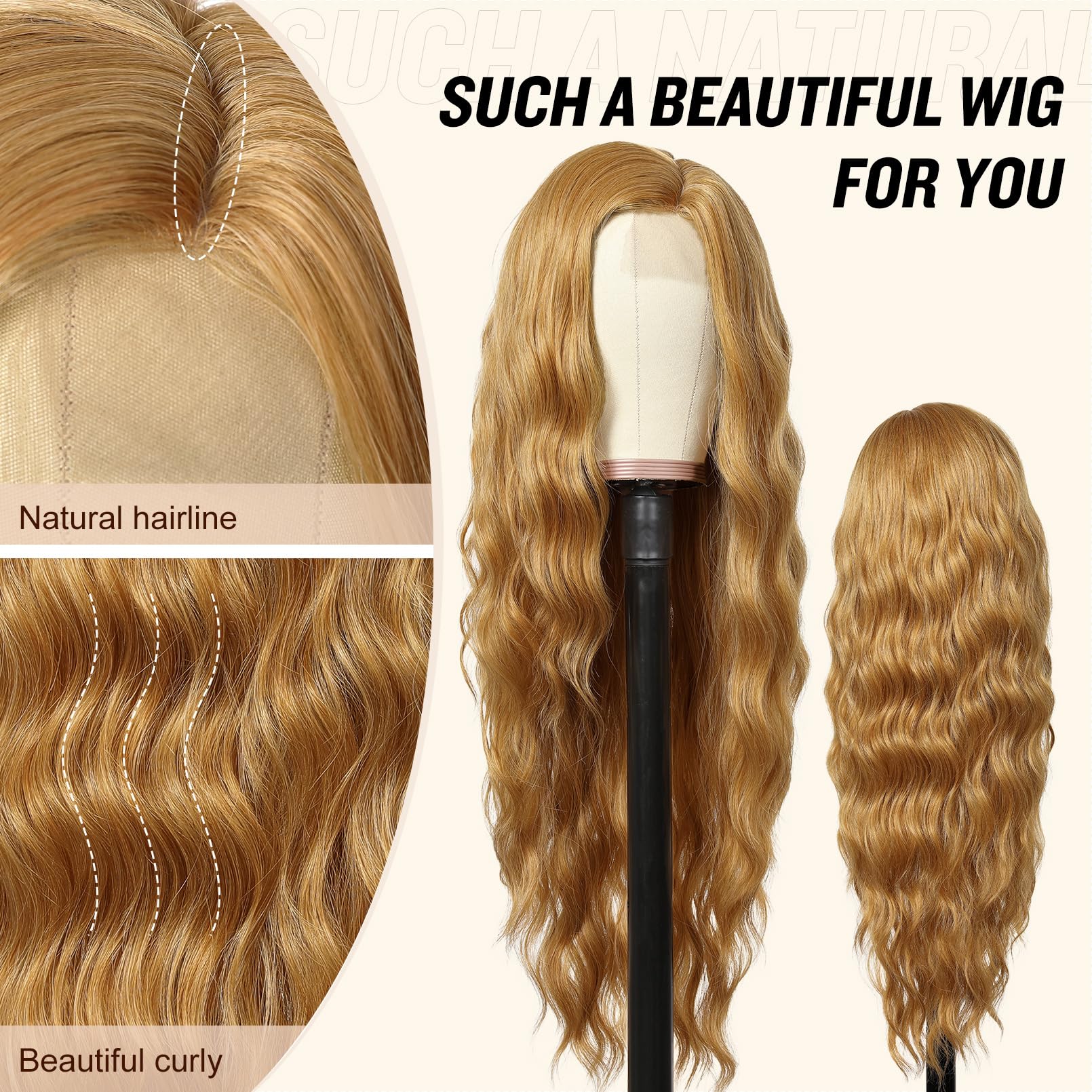 Flufymooz Blonde Wig for Women, Side Part 28" Long Wavy Curly Wigs Natural Looking Heat Resistant Synthetic Fiber Wig for Daily Party Use (Honey Blonde)