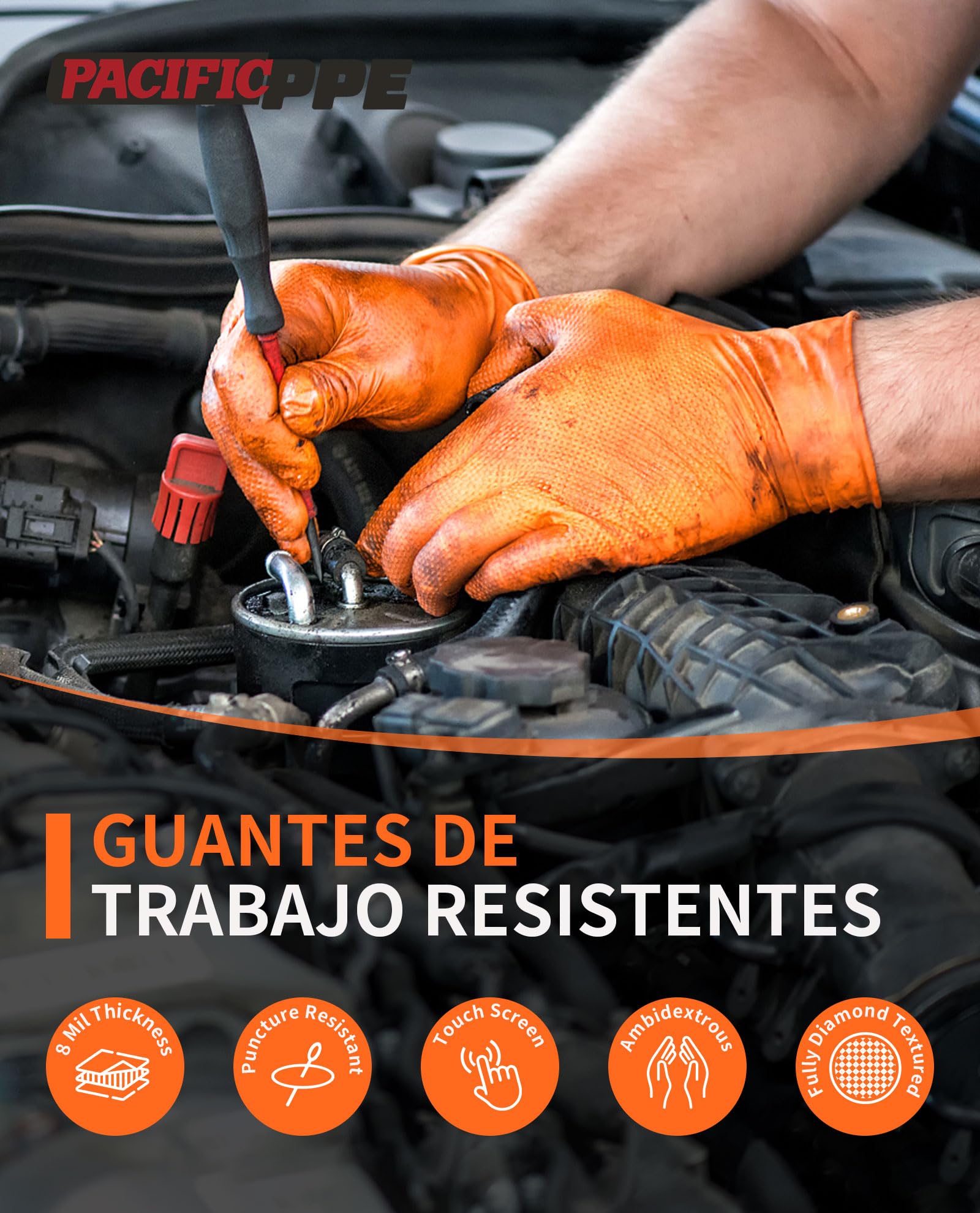 PACIFIC 8-mil Guantes Desechables de Nitrilo Naranja, Heavy-Duty, Industrial, Mecánico, Con Textura de Diamante, Sin Látex, Sin Polvo, EN 374, M/8
